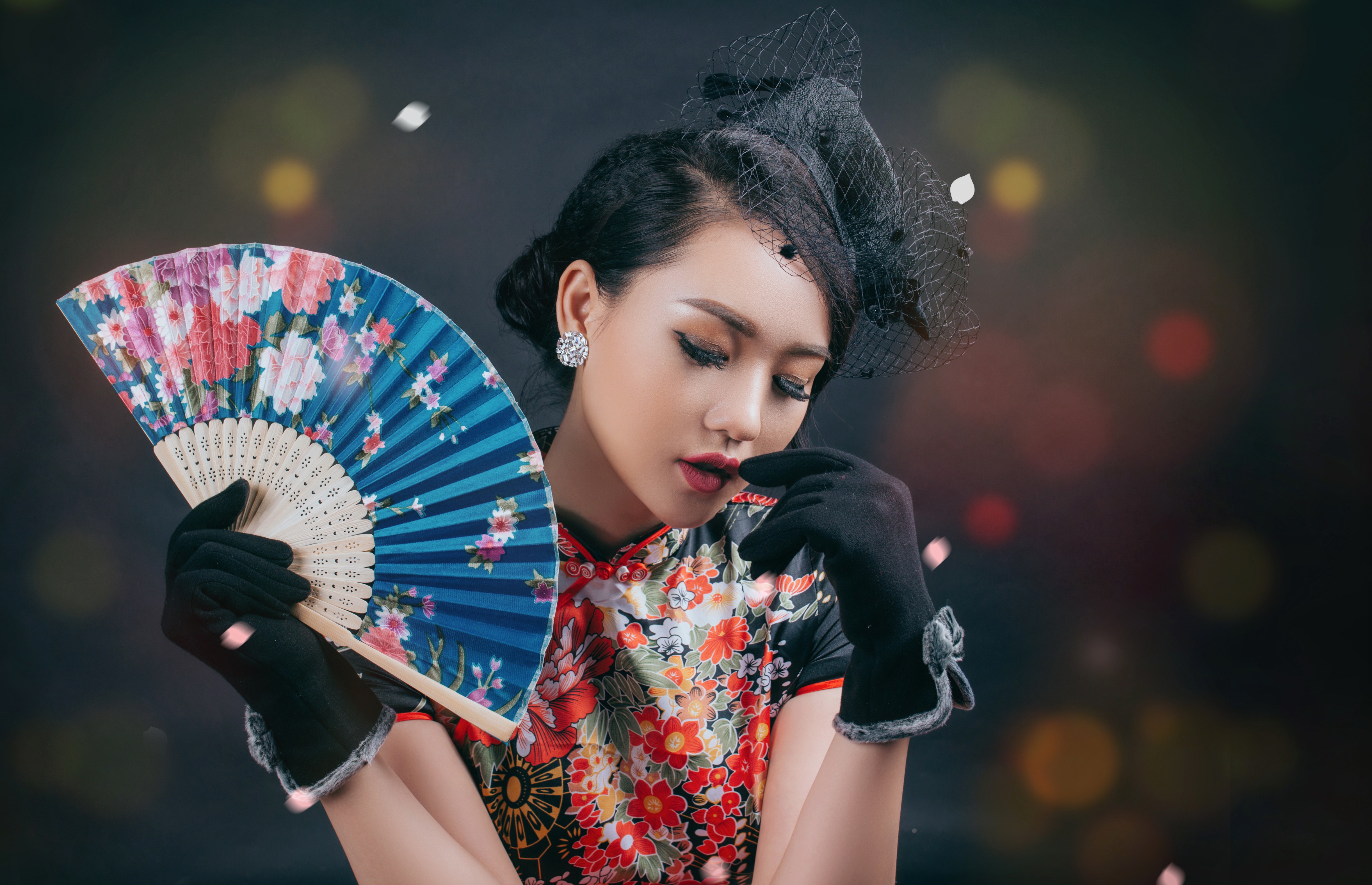 Download mobile wallpaper Glove, Brunette, Model, Fan, Women, Asian, Lipstick for free.