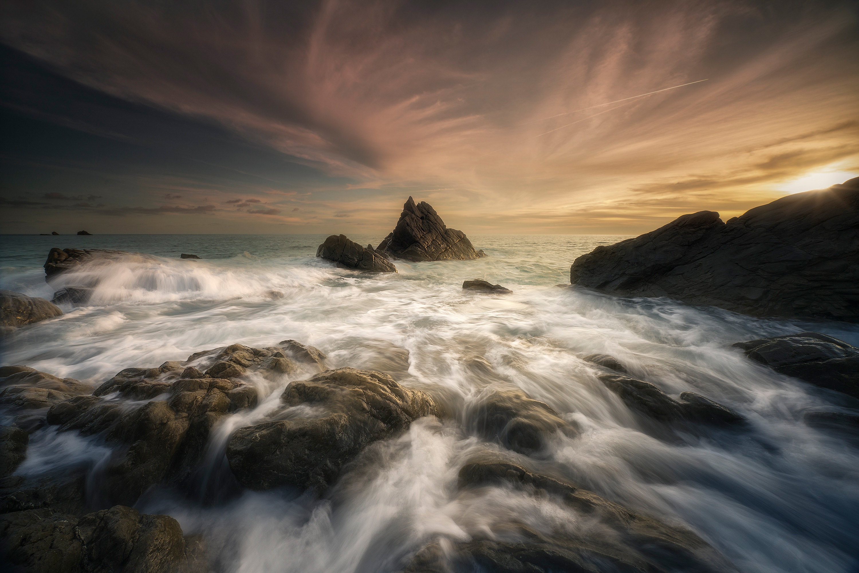 Free download wallpaper Sunset, Sea, Earth, Stone, Seashore on your PC desktop