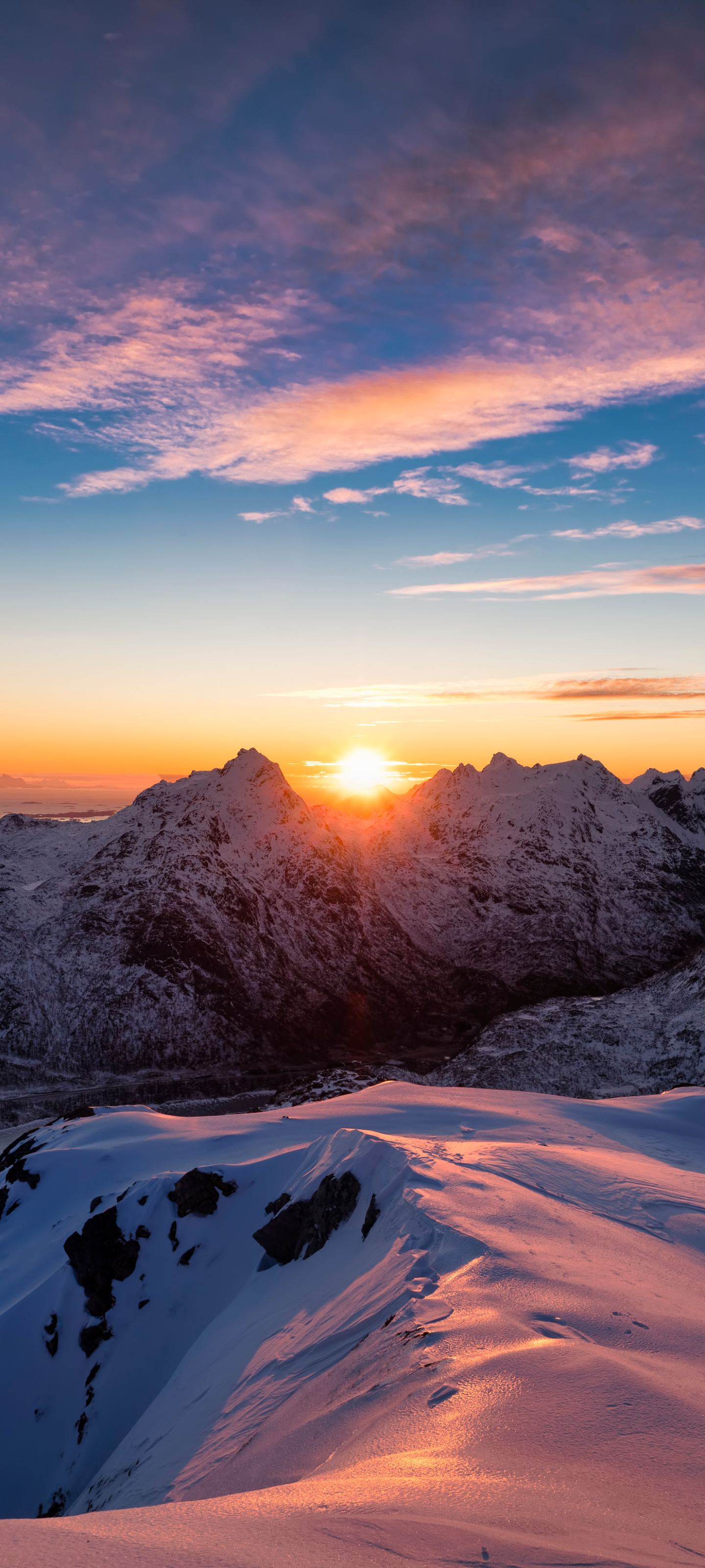 Download mobile wallpaper Landscape, Nature, Snow, Mountain, Sunrise, Earth, Norway for free.