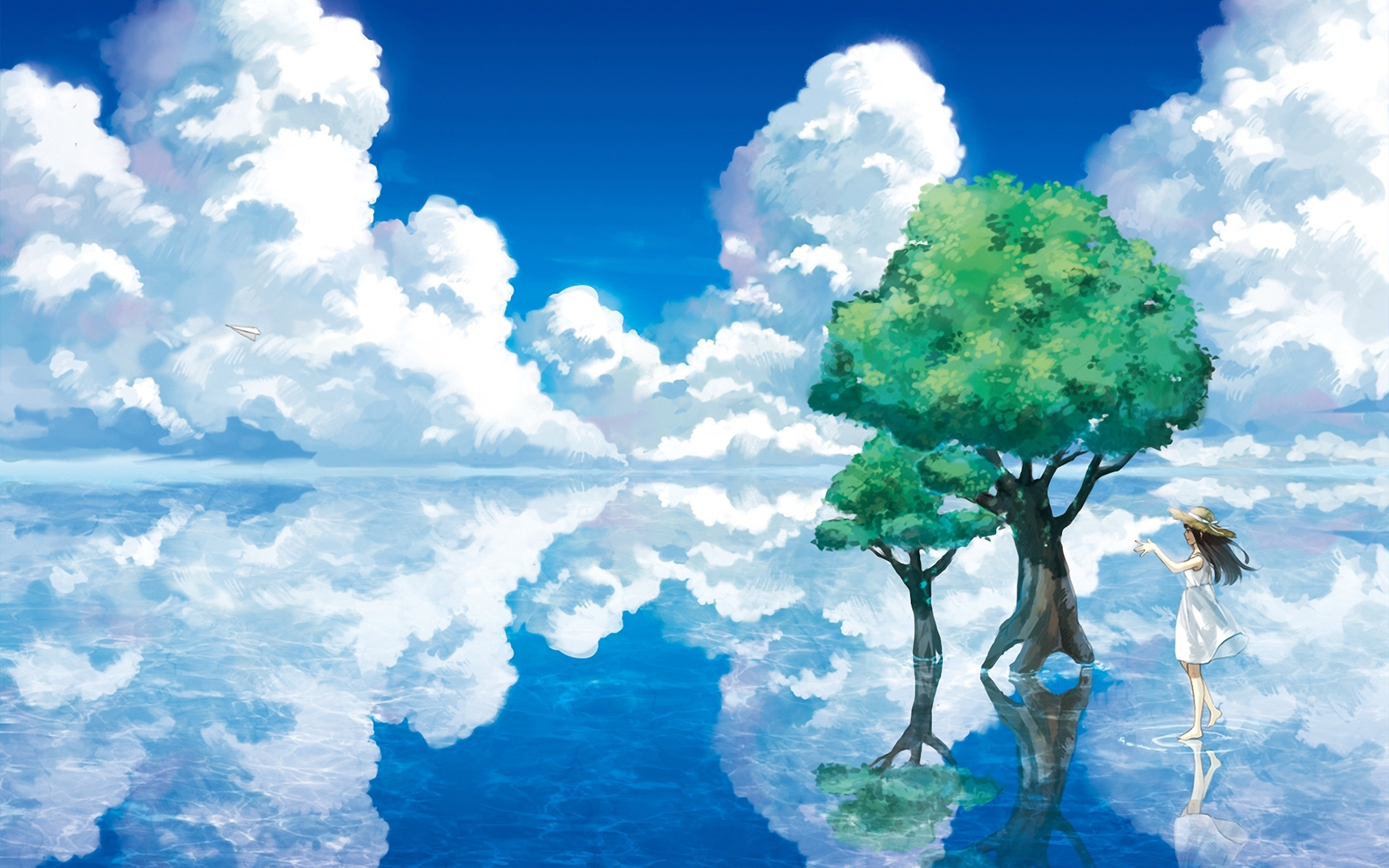 227586 скачать обои дерево, оригинал, отражение, аниме, облака, небо - заставки и картинки бесплатно
