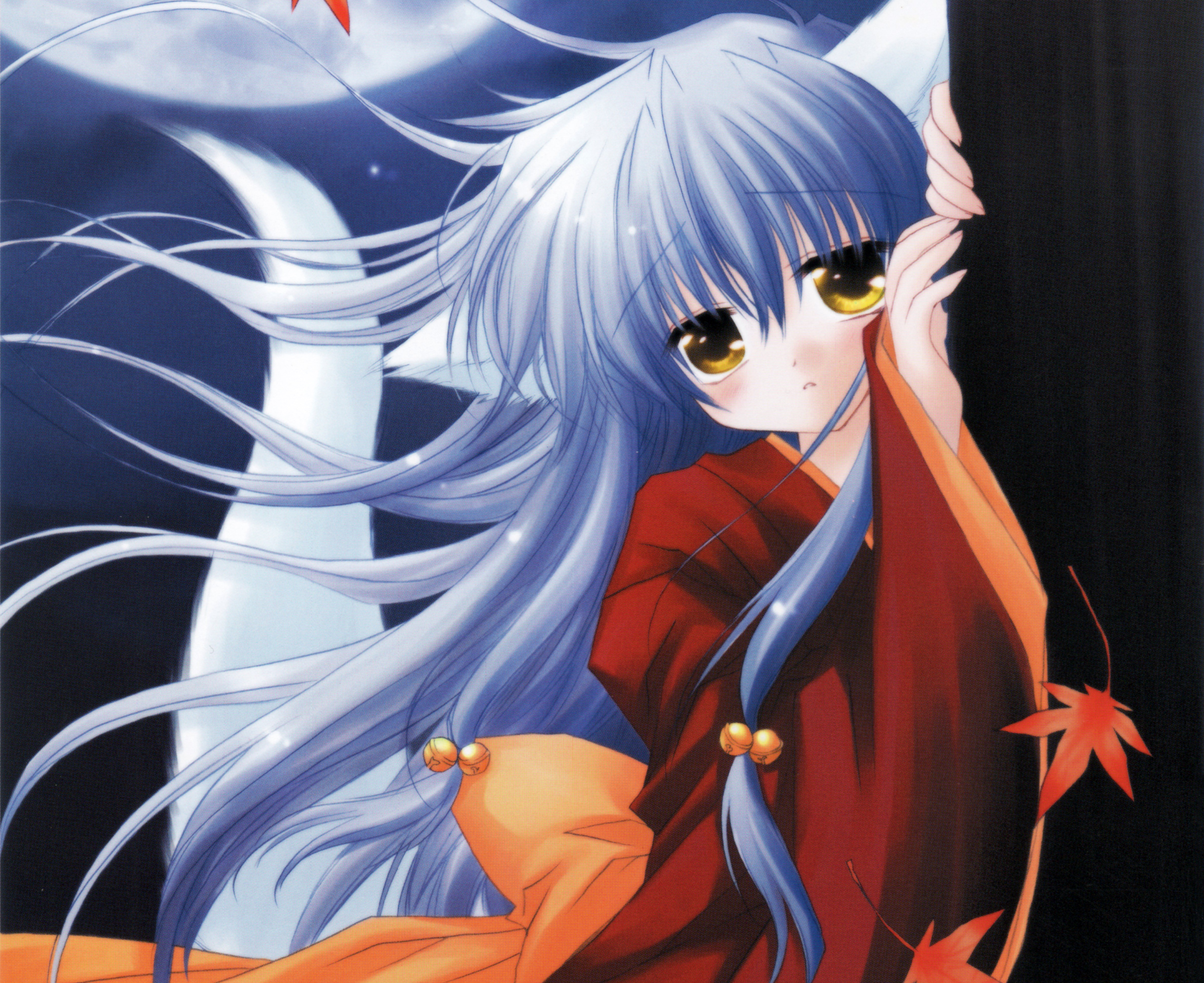 Download mobile wallpaper Anime, Moon, Leaf, Tail, Kimono, Yellow Eyes, Original, Blush, Long Hair, Grey Hair for free.