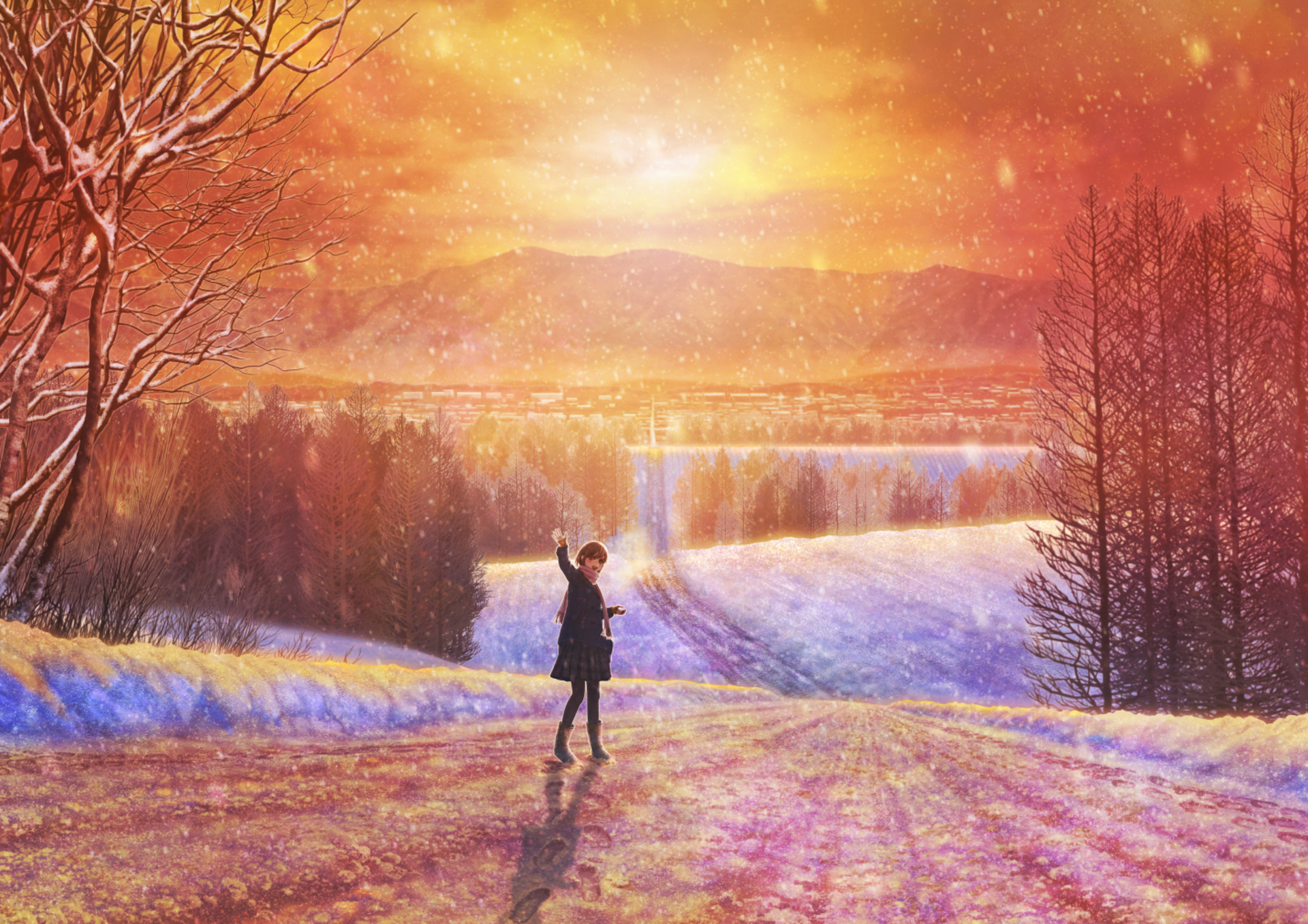 Free download wallpaper Anime, Winter, Sunset on your PC desktop