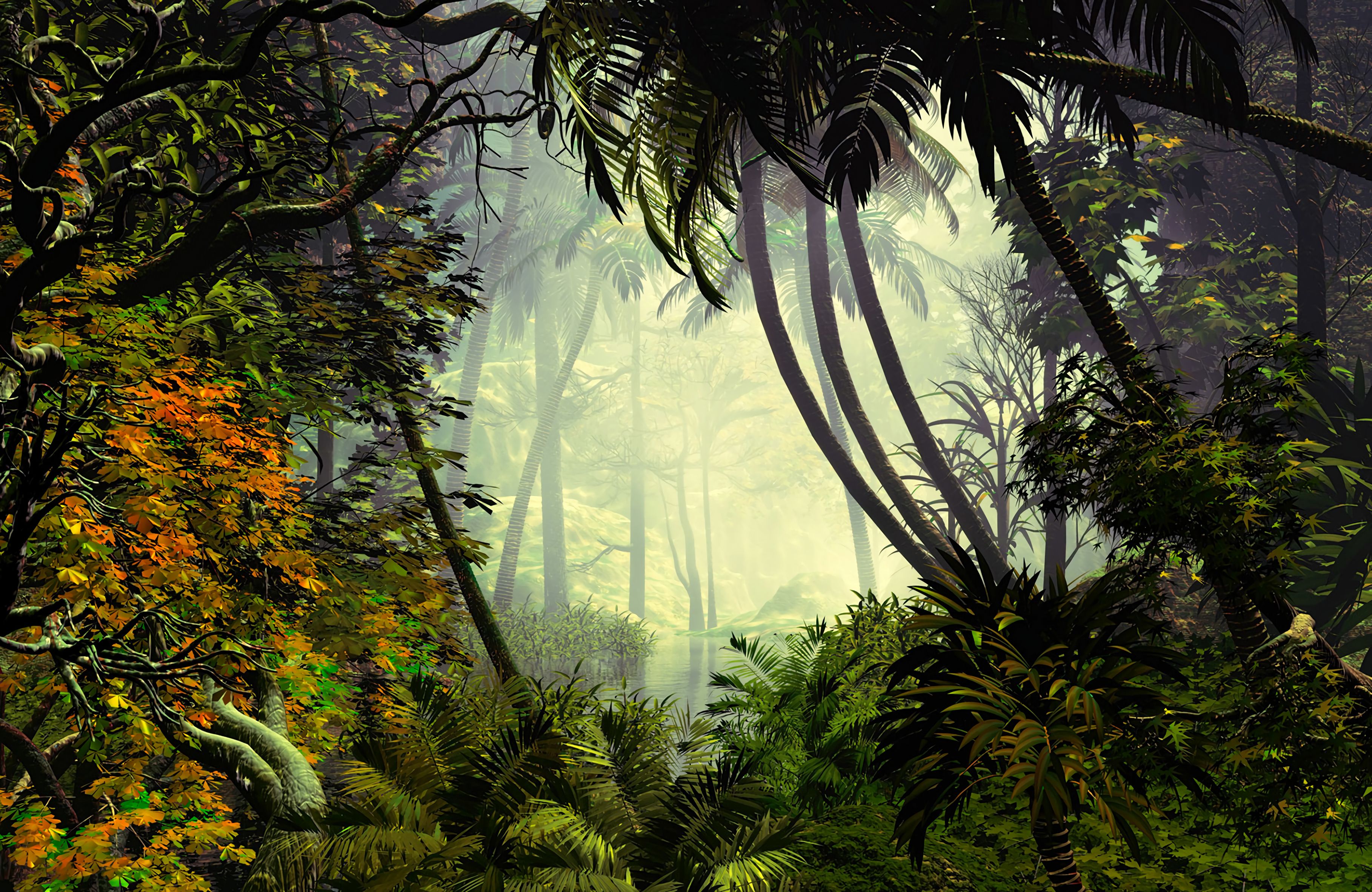 trees, art, jungle, palms, fog Full HD