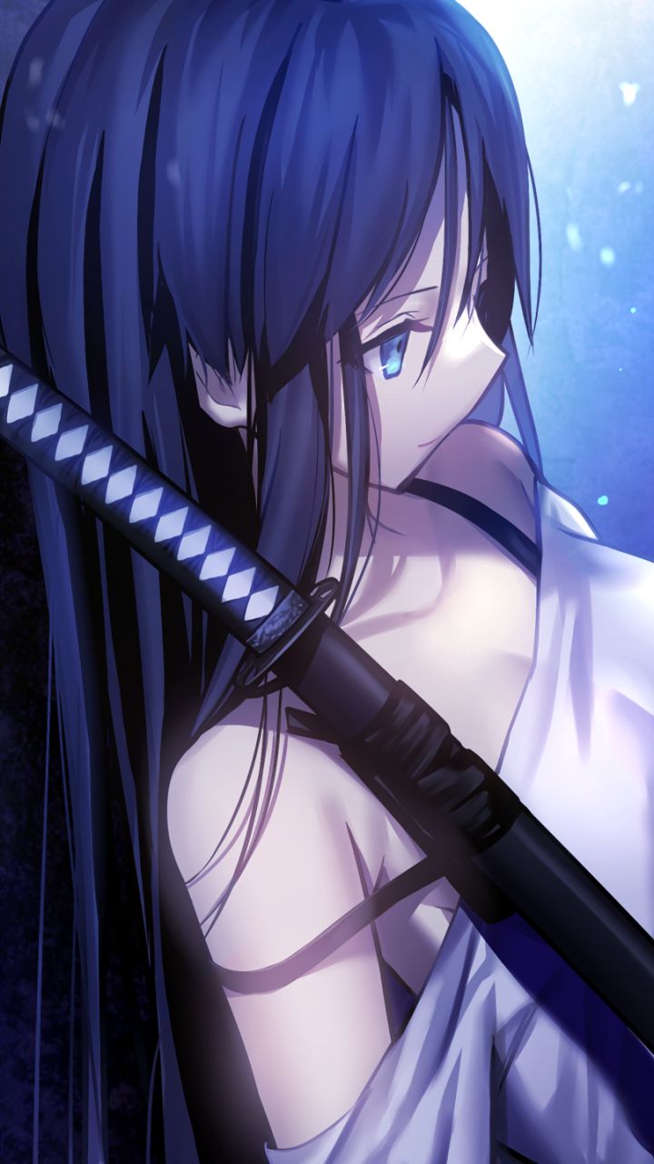 Handy-Wallpaper Waffe, Blaue Augen, Original, Blaue Haare, Katana, Animes, Lange Haare kostenlos herunterladen.