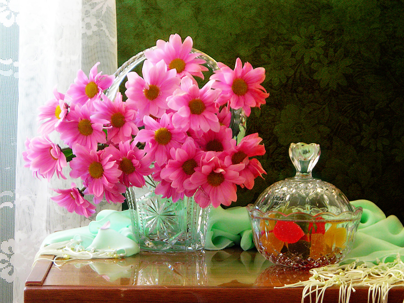 Free download wallpaper Still Life, Flower, Bowl, Vase, Daisy, Photography, Candy, Scarf, Pink Flower on your PC desktop