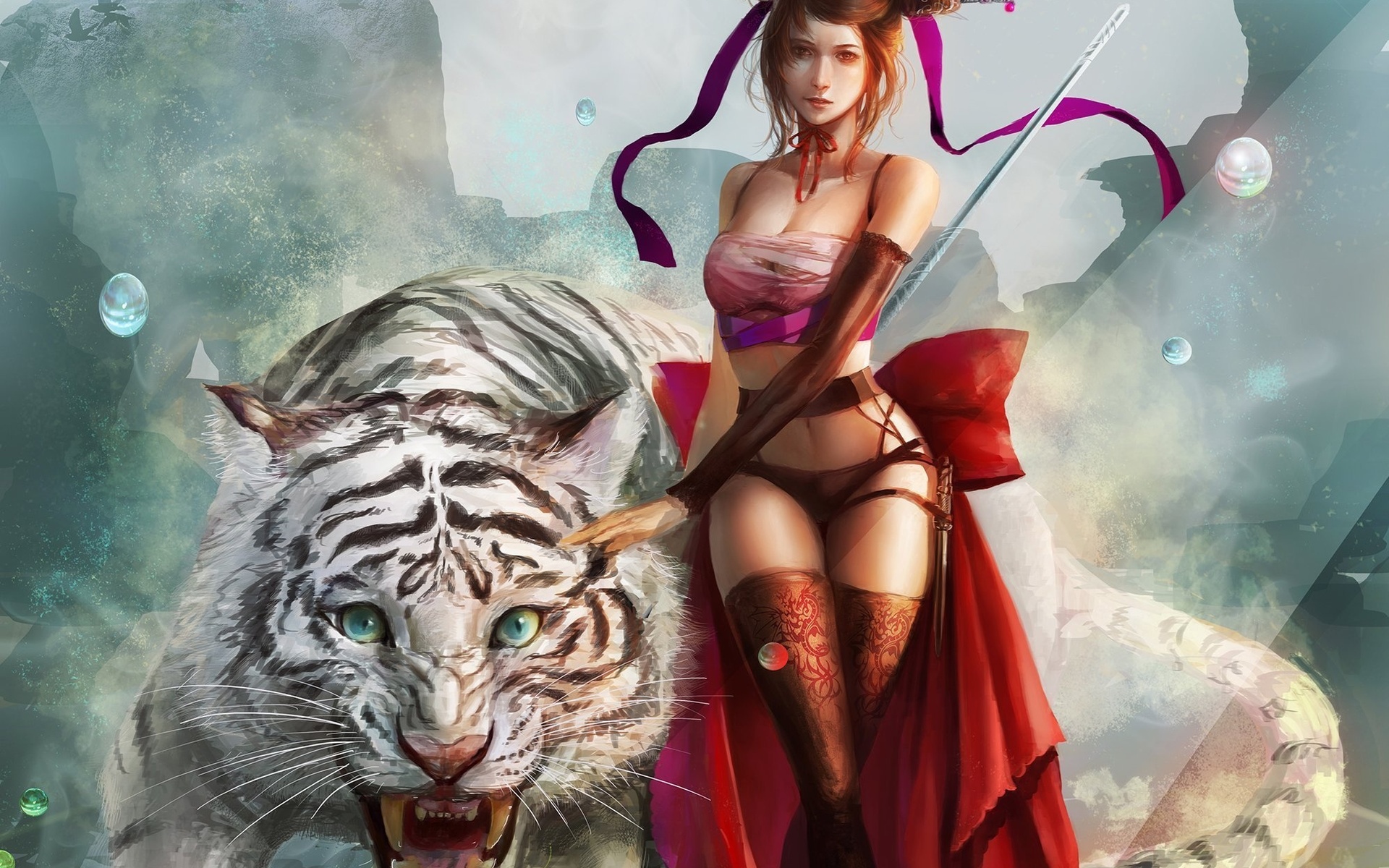 Laden Sie das Fantasie, Tiger, Weißer Tiger, Kriegerin-Bild kostenlos auf Ihren PC-Desktop herunter