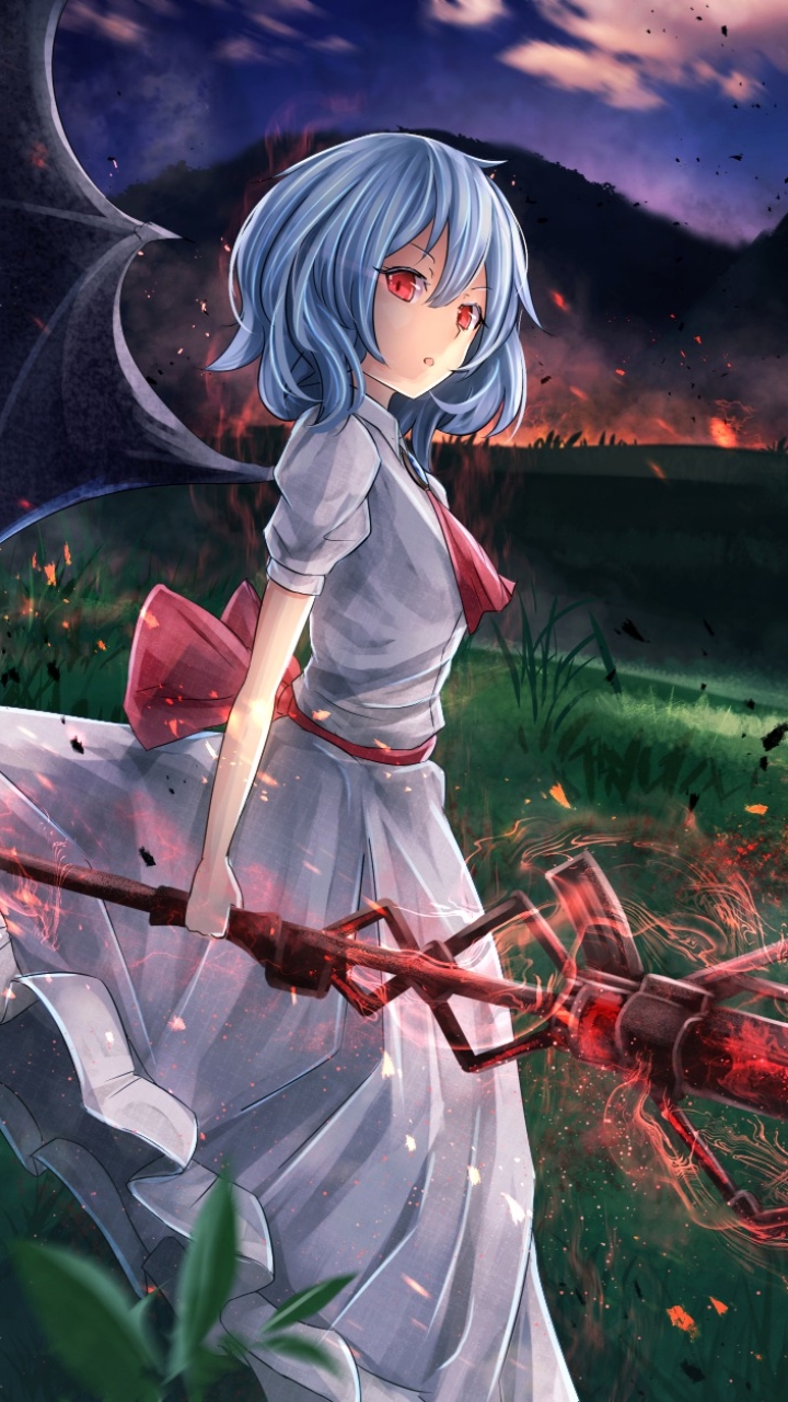 Download mobile wallpaper Anime, Landscape, Wings, Dress, Blue Hair, Red Eyes, Remilia Scarlet, Touhou, Short Hair for free.