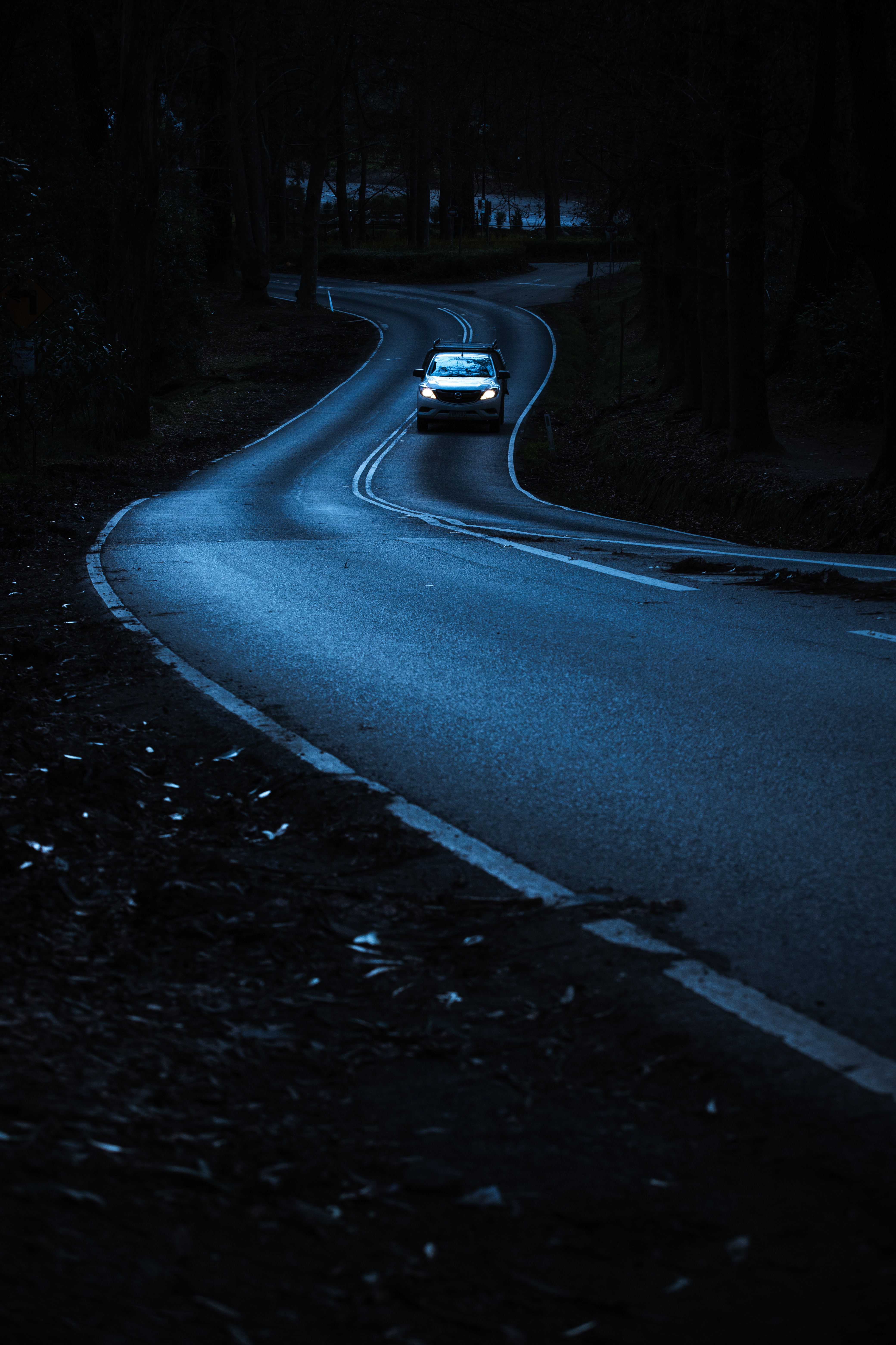 night, dark, road, car, winding, sinuous