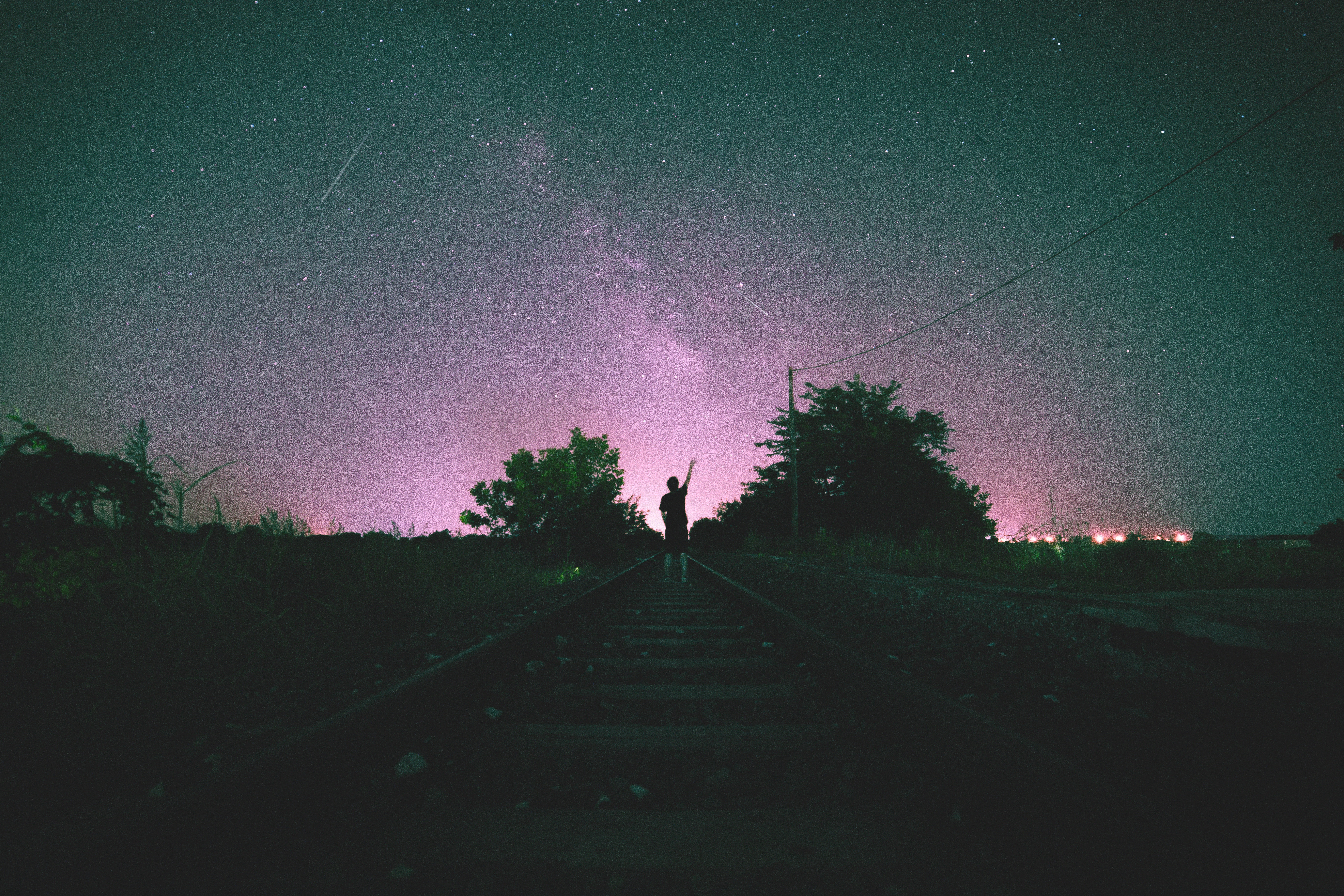 Free download wallpaper Nature, Night, Starry Sky, Human, Person, Railway on your PC desktop