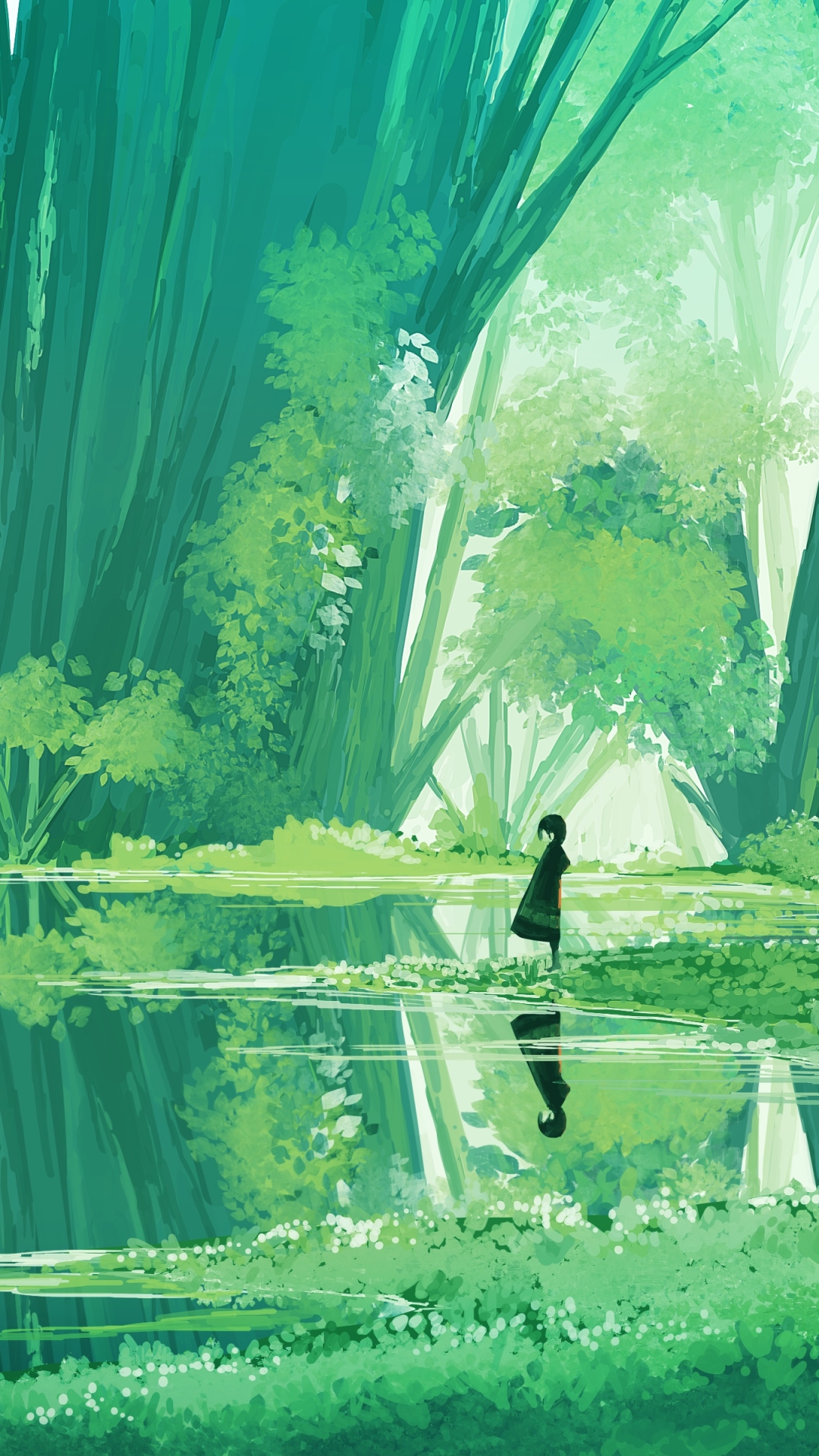 Download mobile wallpaper Anime, Water, Reflection, Forest, Greenery for free.