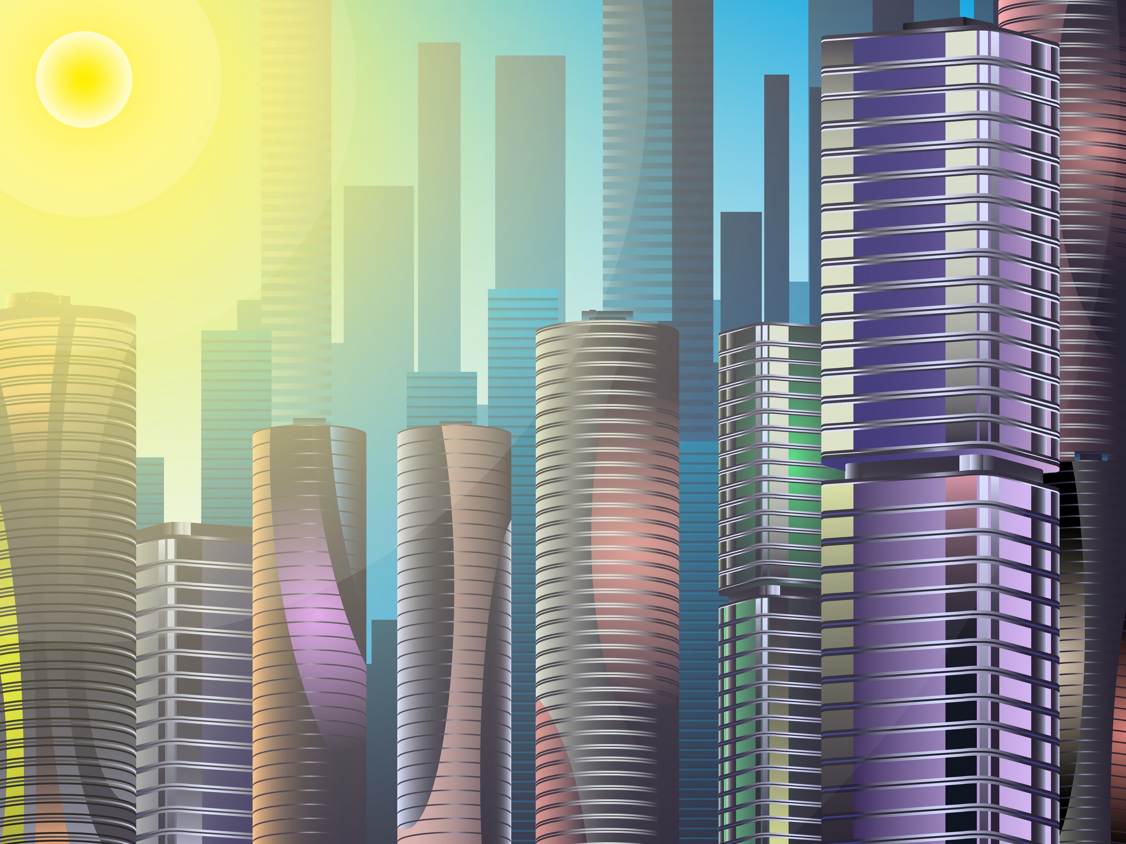 Free download wallpaper Sun, Building, Skyscrapers, City, Art on your PC desktop