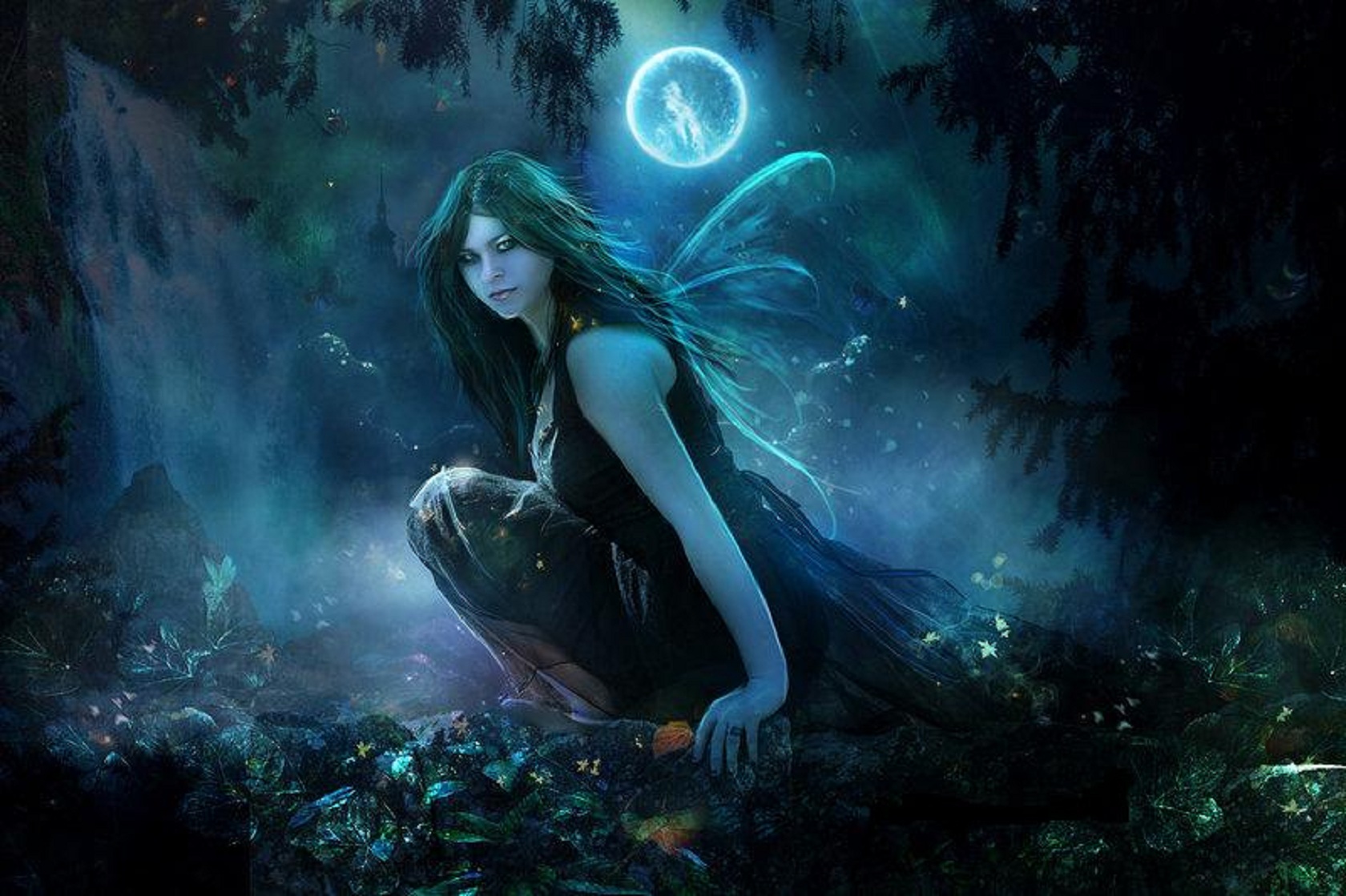 Download mobile wallpaper Fantasy, Night, Moon, Forest, Wings, Fairy for free.