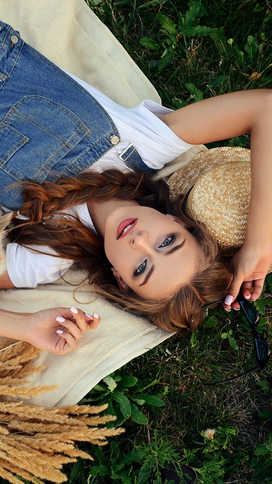 Download mobile wallpaper Redhead, Model, Women, Blue Eyes, Braid, Lying Down for free.