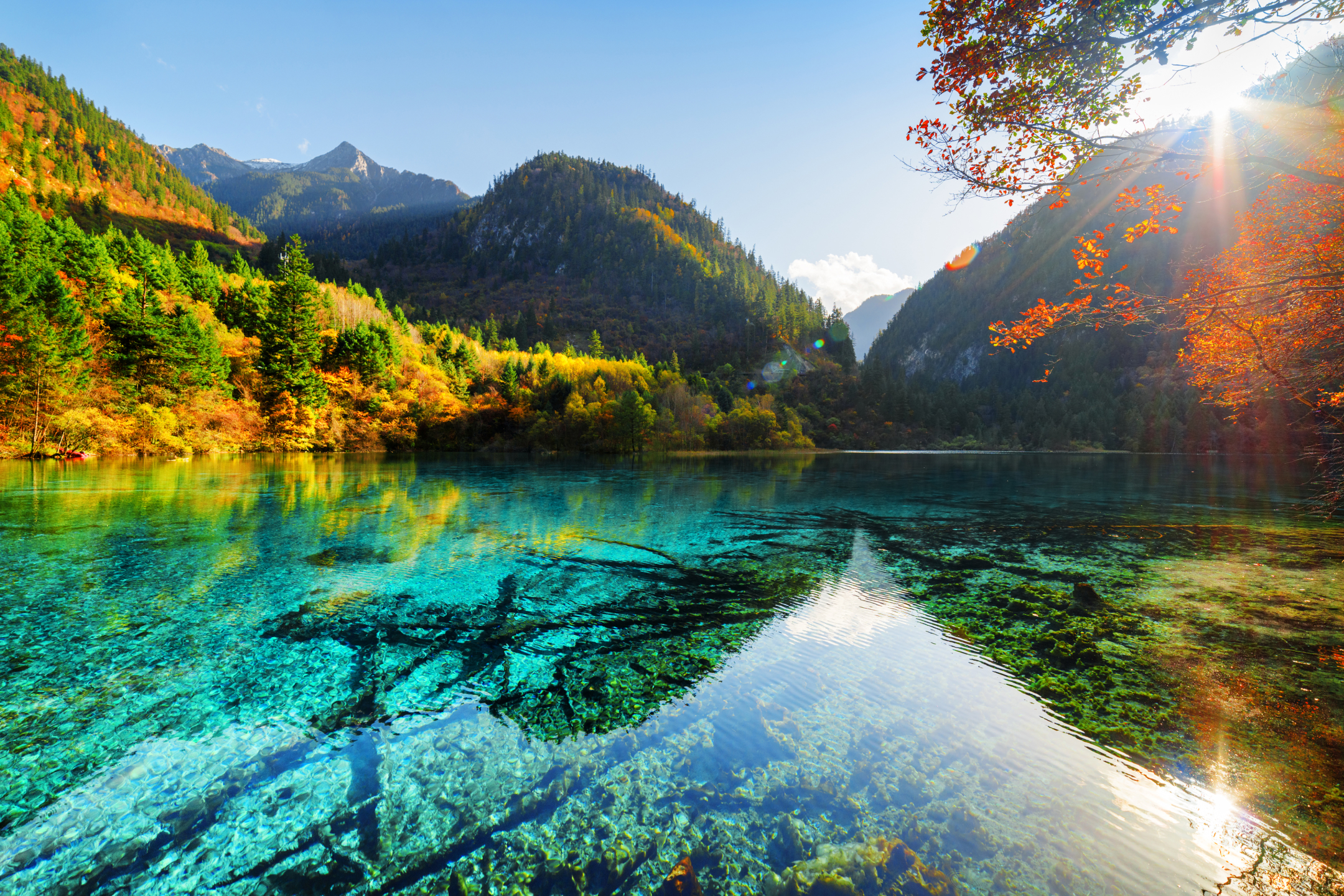 PCデスクトップに自然, 秋, 湖, 山, 地球, サンビーム, サンビーン画像を無料でダウンロード