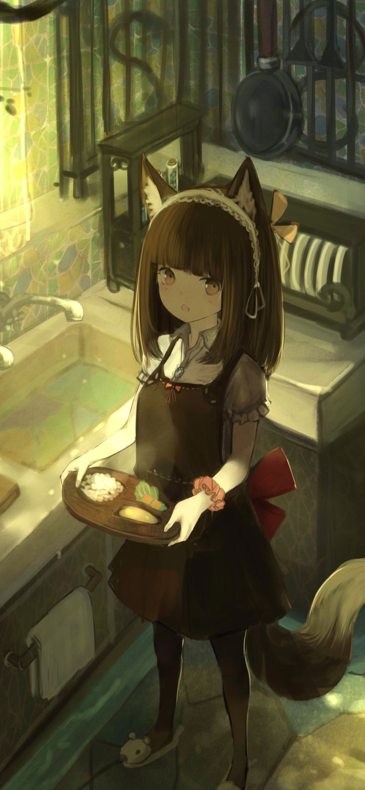 Download mobile wallpaper Anime, Bird, Kitchen, Brown Eyes, Pointed Ears, Brown Hair for free.