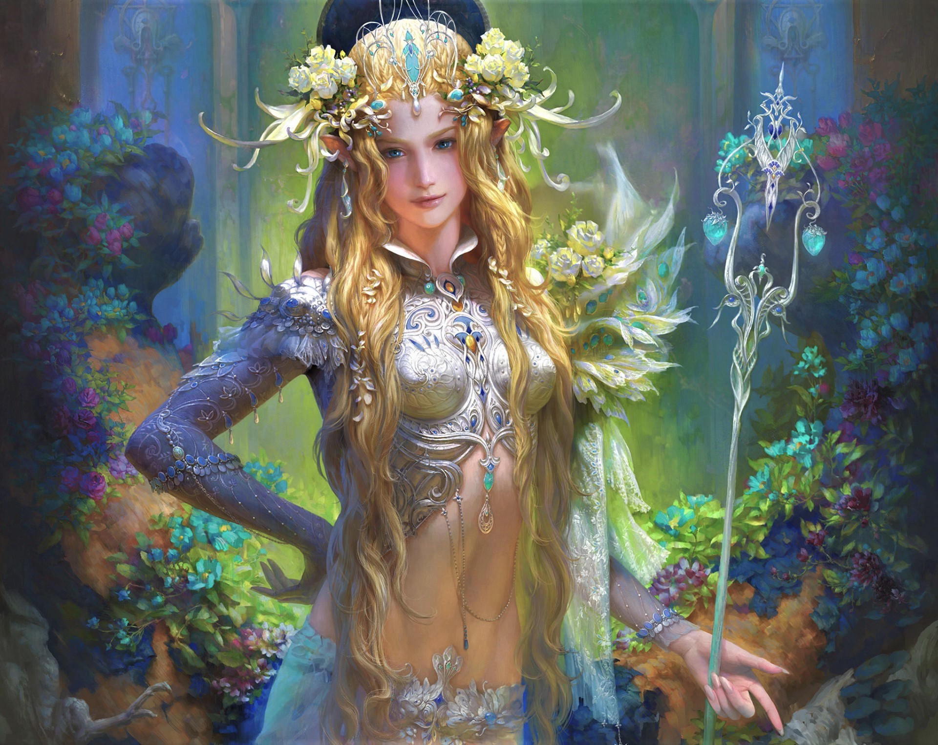 Download mobile wallpaper Fantasy, Flower, Elf, Blue Eyes, Staff, Long Hair, Pointed Ears for free.