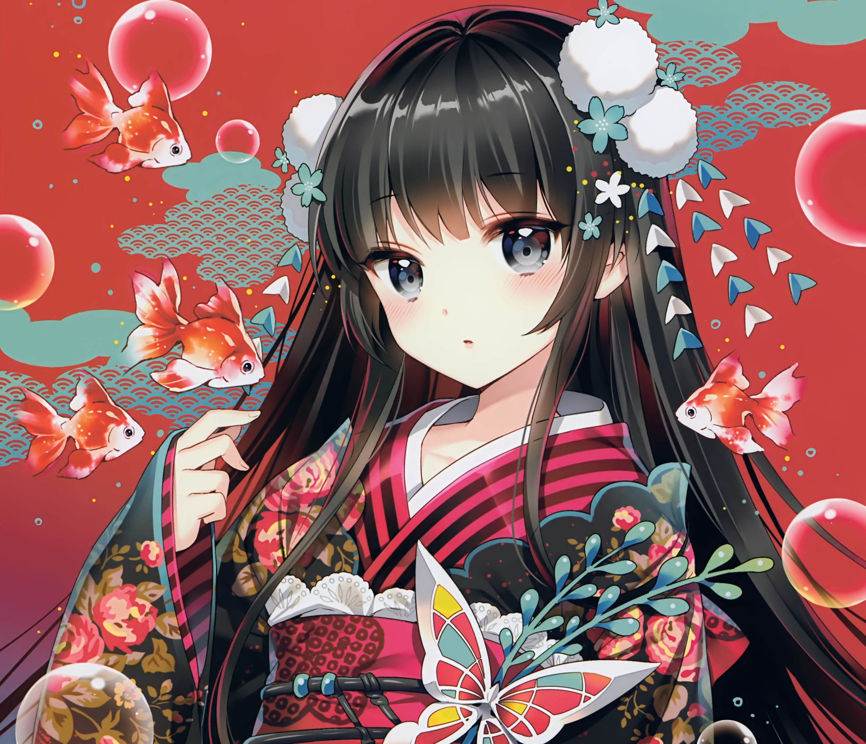 Download mobile wallpaper Anime, Flower, Butterfly, Fish, Kimono, Bubble, Original, Blush, Black Hair, Long Hair, Grey Eyes for free.