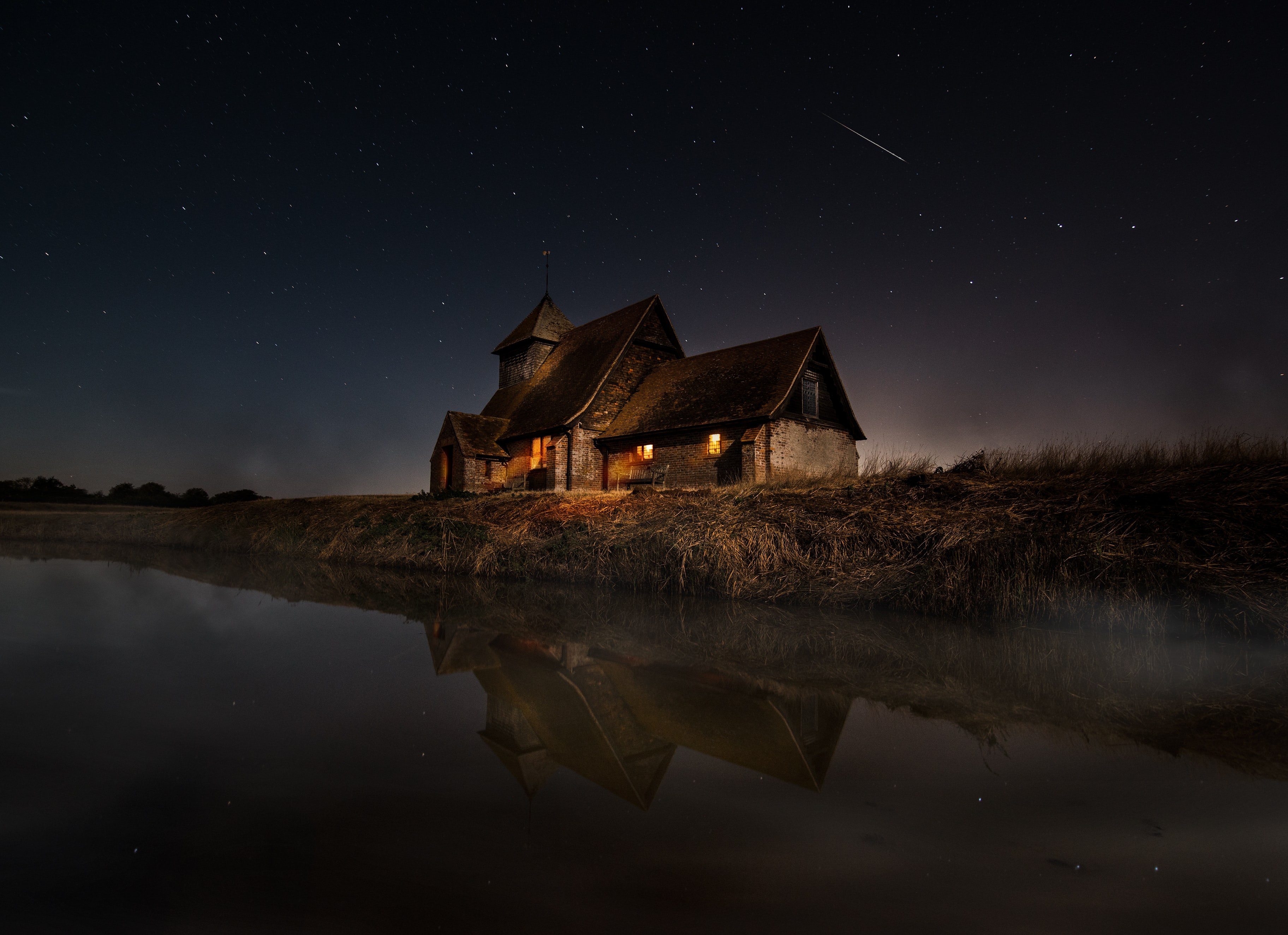 Download mobile wallpaper Stars, Night, Reflection, Light, Fog, House, Pond, Man Made for free.