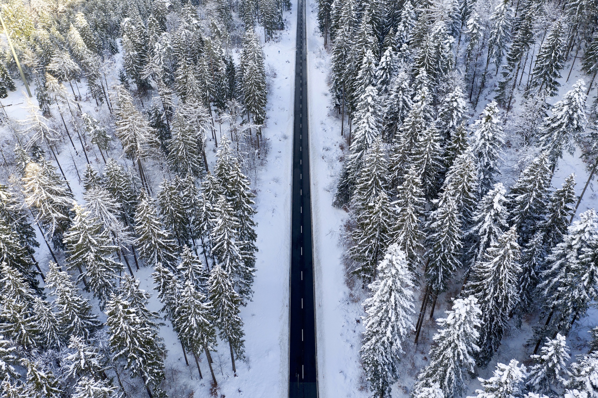 Free download wallpaper Winter, Snow, Road, Forest, Aerial, Man Made on your PC desktop