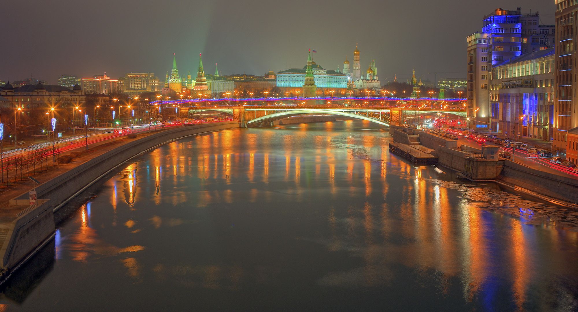 Free download wallpaper Cities, Night, Building, Reflection, Light, Bridge, River, Moscow, Man Made on your PC desktop