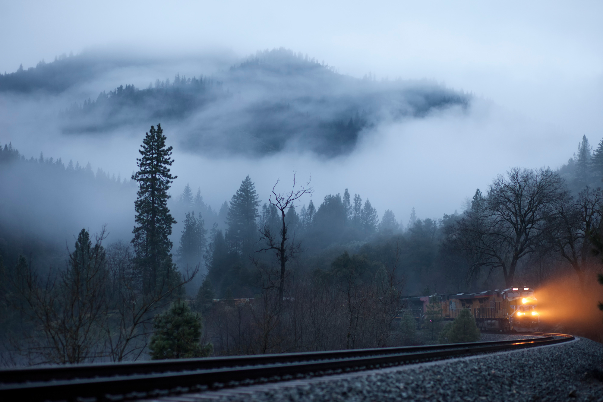 94156 descargar fondo de pantalla naturaleza, árboles, brillar, luz, niebla, ferrocarril, un tren, tren: protectores de pantalla e imágenes gratis