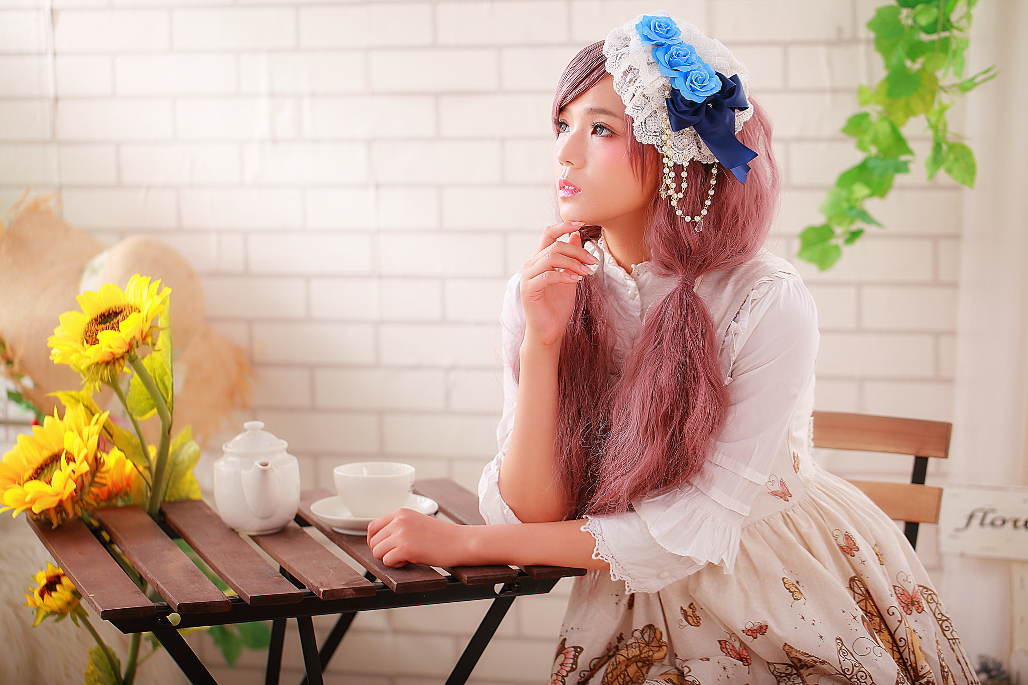 Free download wallpaper Mood, Sunflower, Dress, Model, Women, Blue Eyes, Pink Hair, Asian on your PC desktop