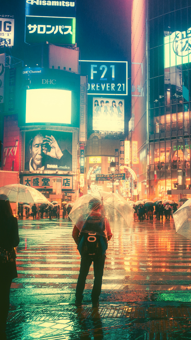 Download mobile wallpaper Cities, People, Night, City, Japan, Umbrella, Man Made, Billboards for free.