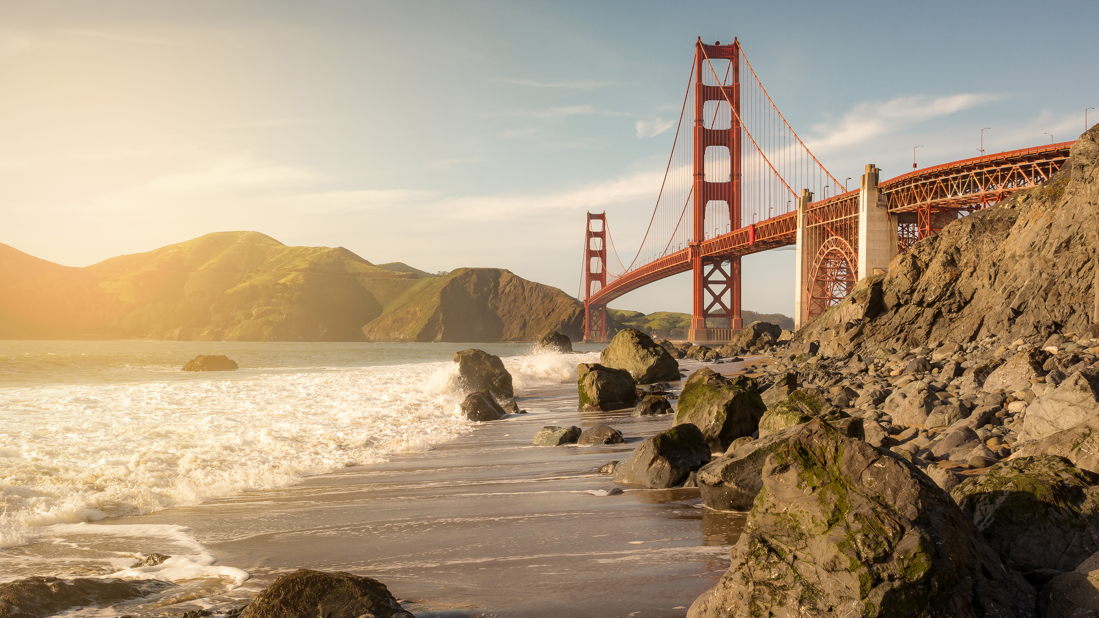 Download mobile wallpaper Bridges, Sunset, Coast, Bridge, Golden Gate, Man Made for free.