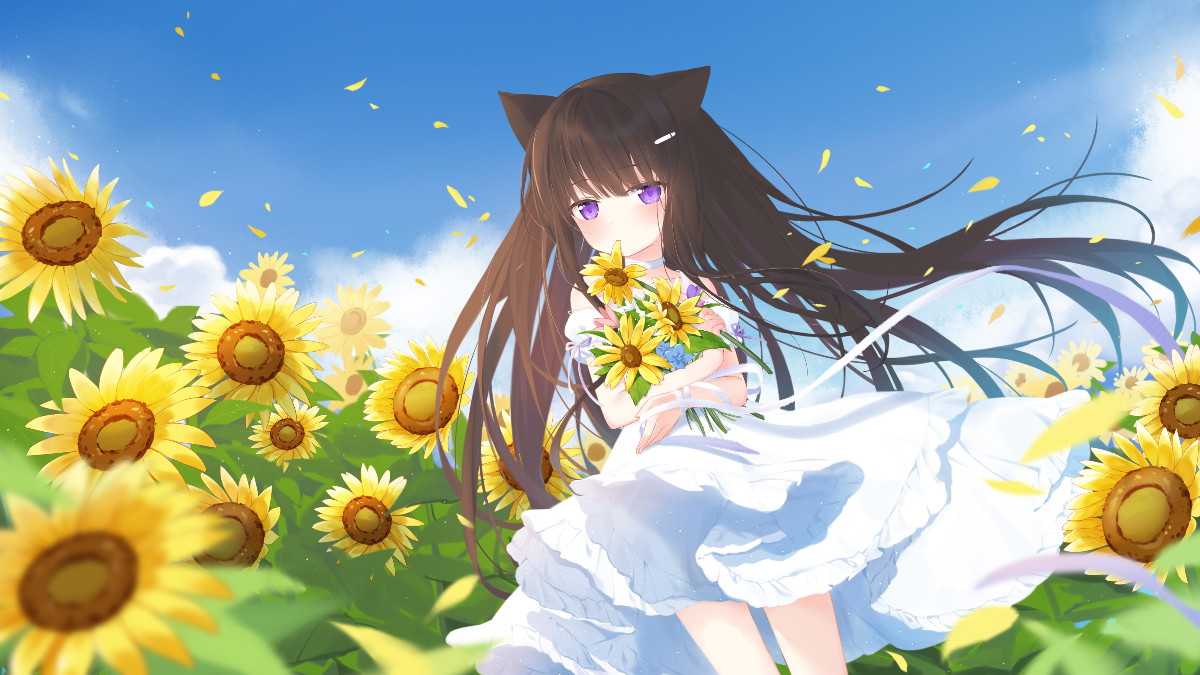 Laden Sie das Sonnenblume, Gelbe Blume, Original, Animes, Lange Haare, Braune Haare, Lila Augen, Tierische Ohren, Weißes Kleid-Bild kostenlos auf Ihren PC-Desktop herunter
