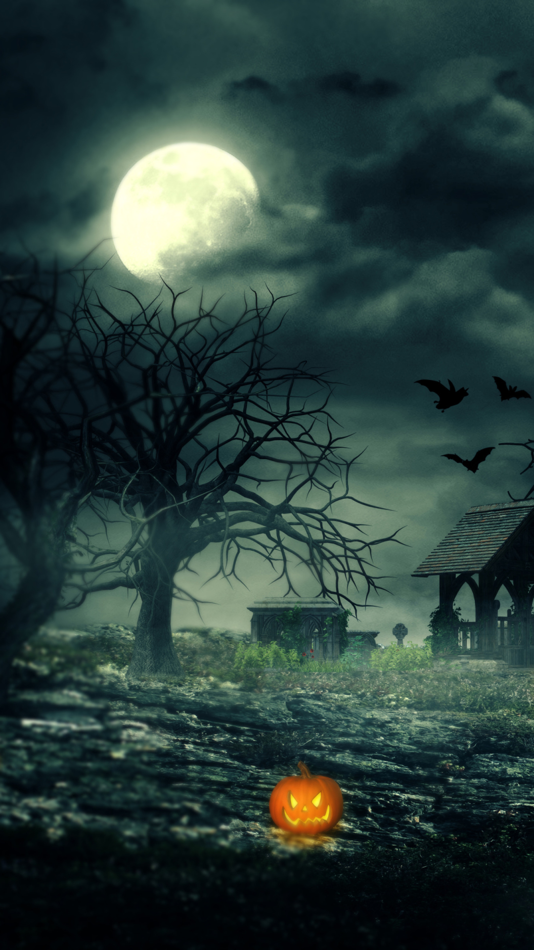 Download mobile wallpaper Halloween, Night, Moon, Pumpkin, Holiday, Jack O' Lantern, Haunted House for free.