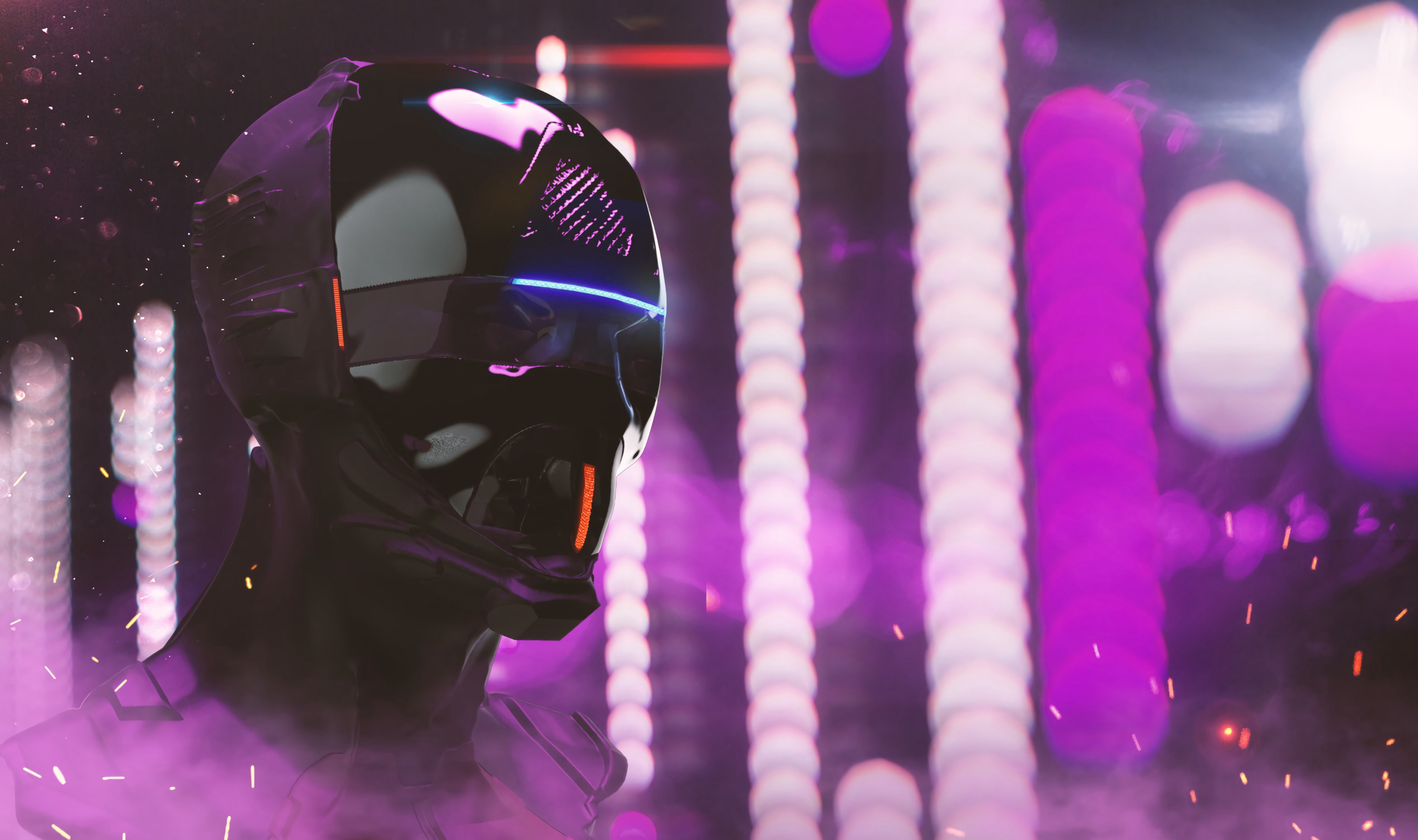 neon, art, cyberpunk, backlight, illumination, mask, helmet, head, robot Panoramic Wallpaper