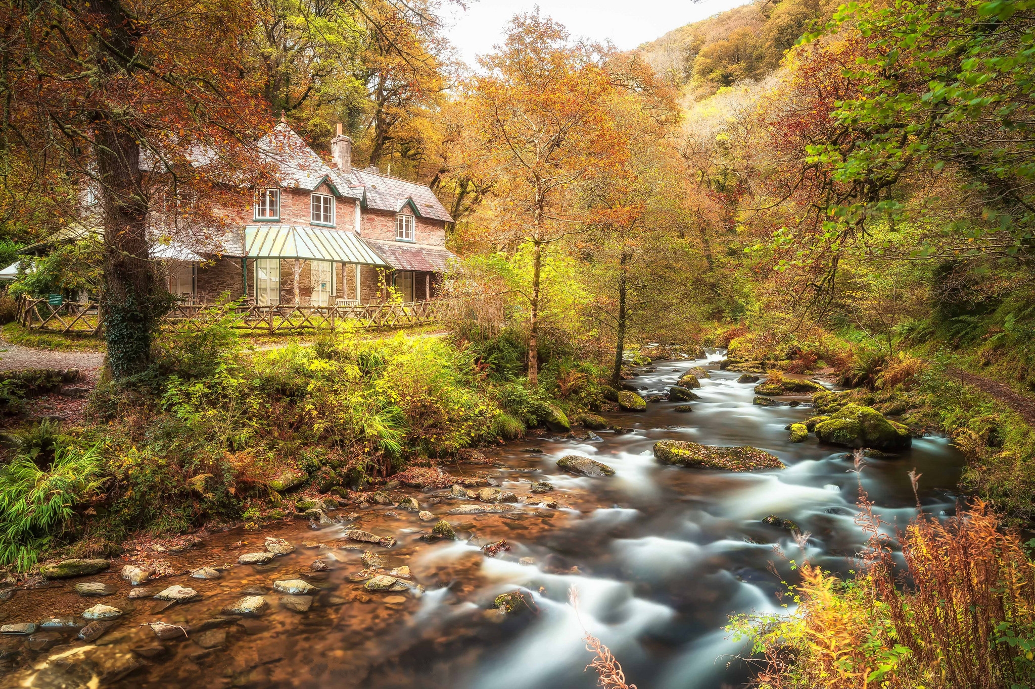 Download mobile wallpaper Forest, Tree, House, Stone, Stream, River, Man Made for free.