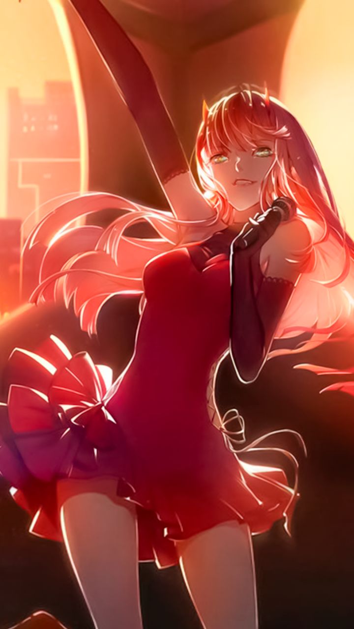 Handy-Wallpaper Kleid, Mikrofon, Animes, Lange Haare, Darling In The Franxx, Zero Two (Liebling Im Franxx) kostenlos herunterladen.