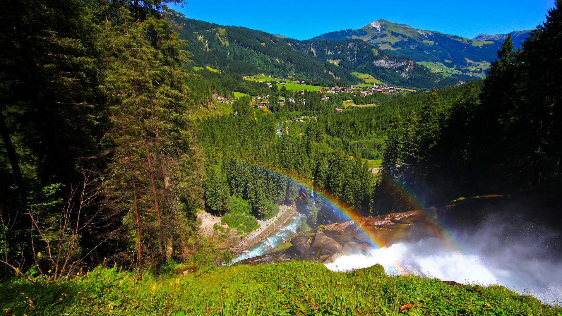 Download mobile wallpaper Nature, Water, Grass, Waterfalls, Rainbow, Mountain, Waterfall, Forest, Austria, Earth for free.