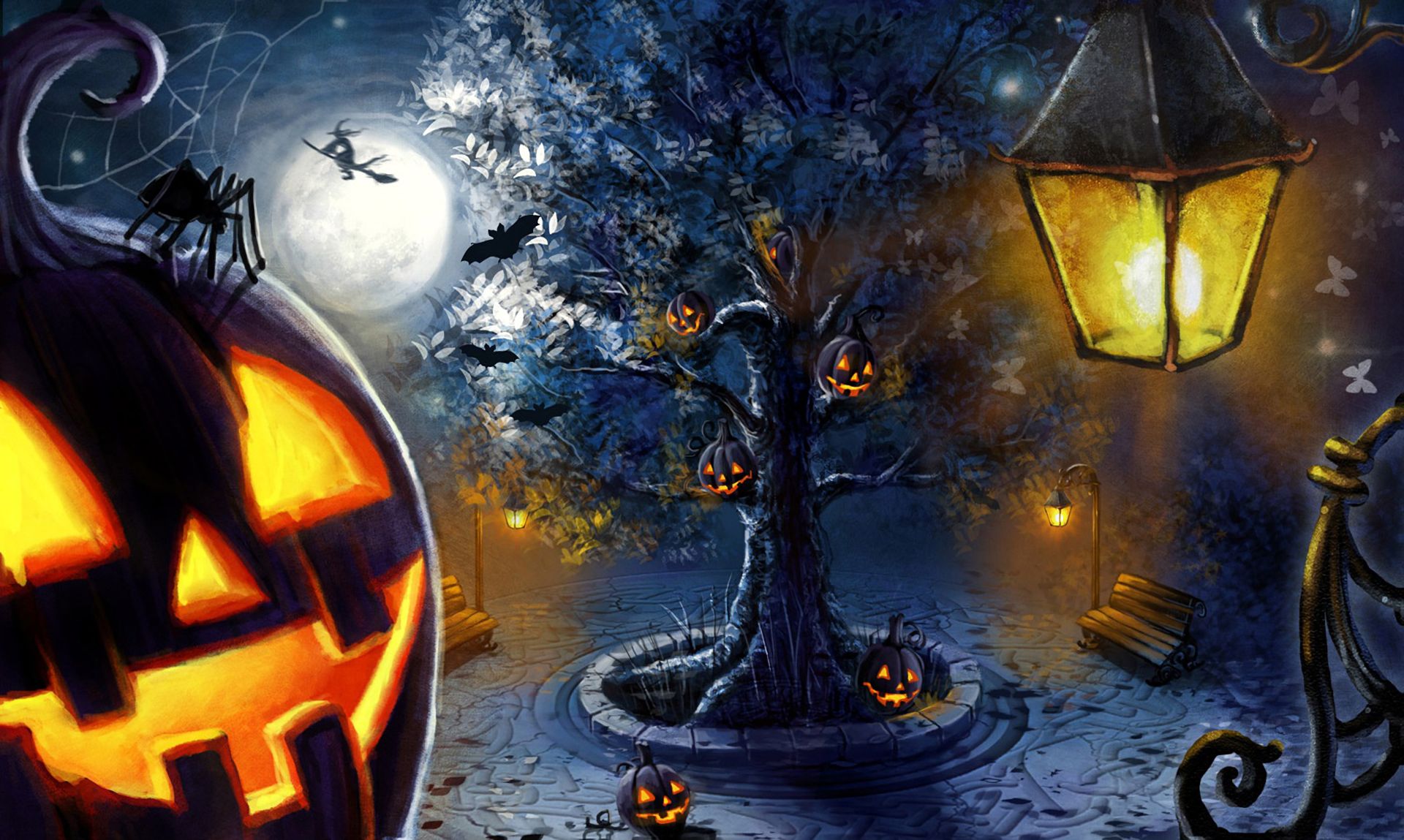 778339 скачать картинку хэллоуин, праздничные, фонарь джека, фонарь, дерево - обои и заставки бесплатно