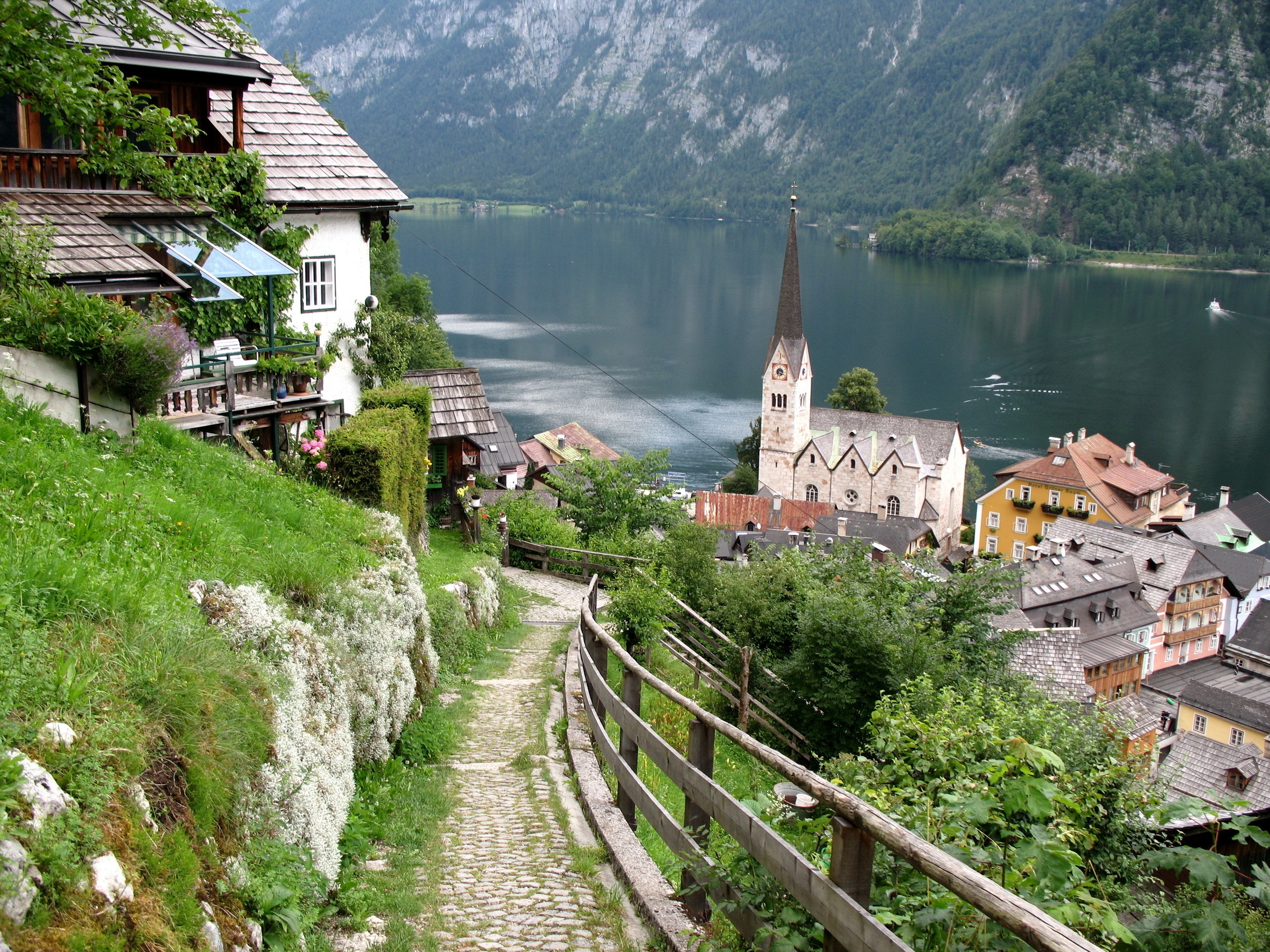 mountains, austria, nature, houses, lake, buildings