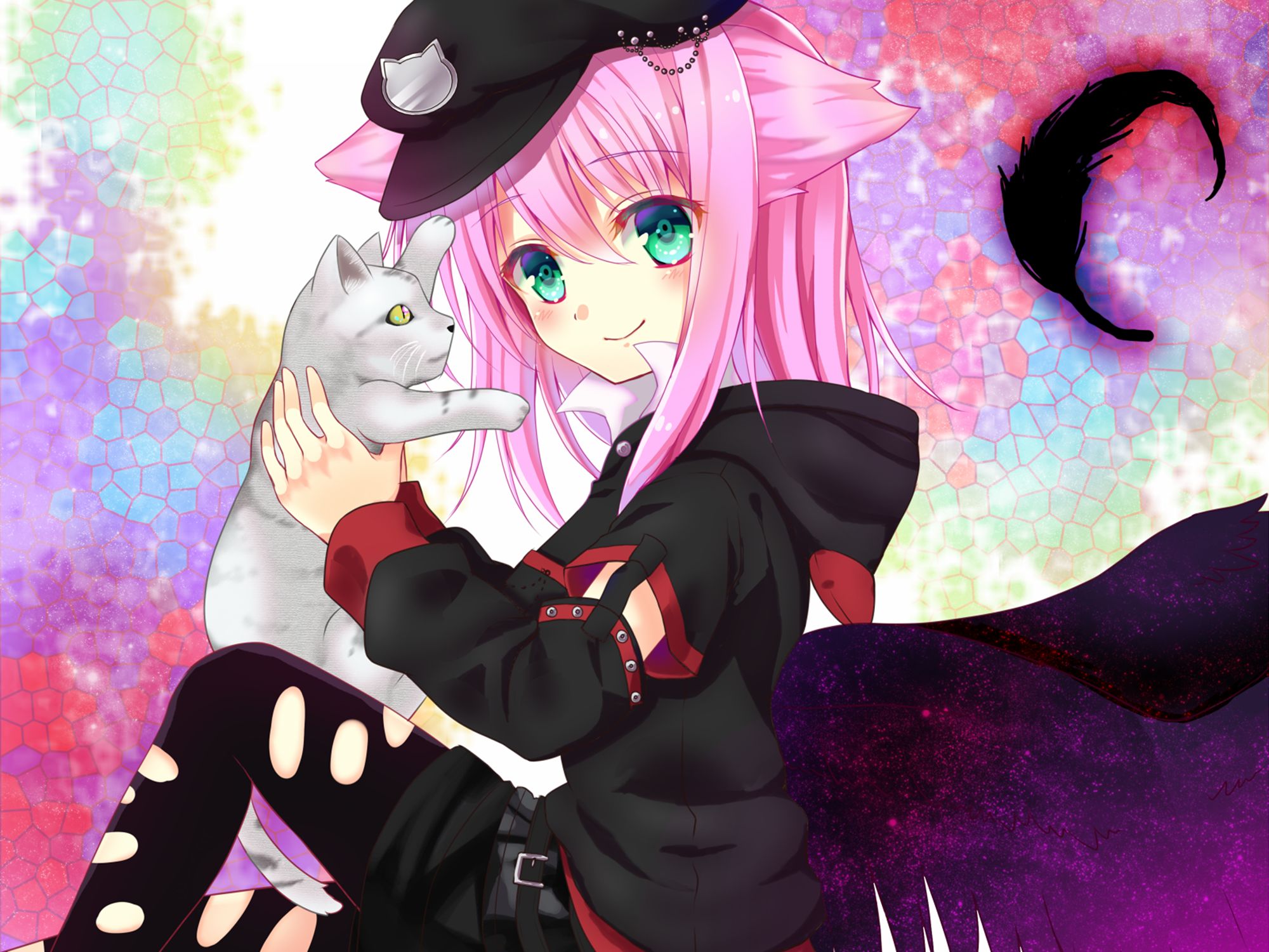 PCデスクトップにネコ, ケープ, 緑の目, ピンクの髪, アニメ, オリジナル画像を無料でダウンロード
