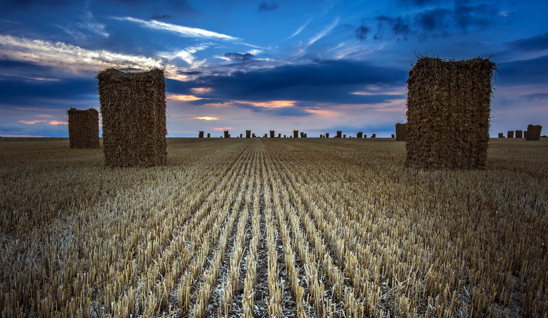 Download mobile wallpaper Nature, Summer, Horizon, Earth, Field, Cloud, Haystack for free.