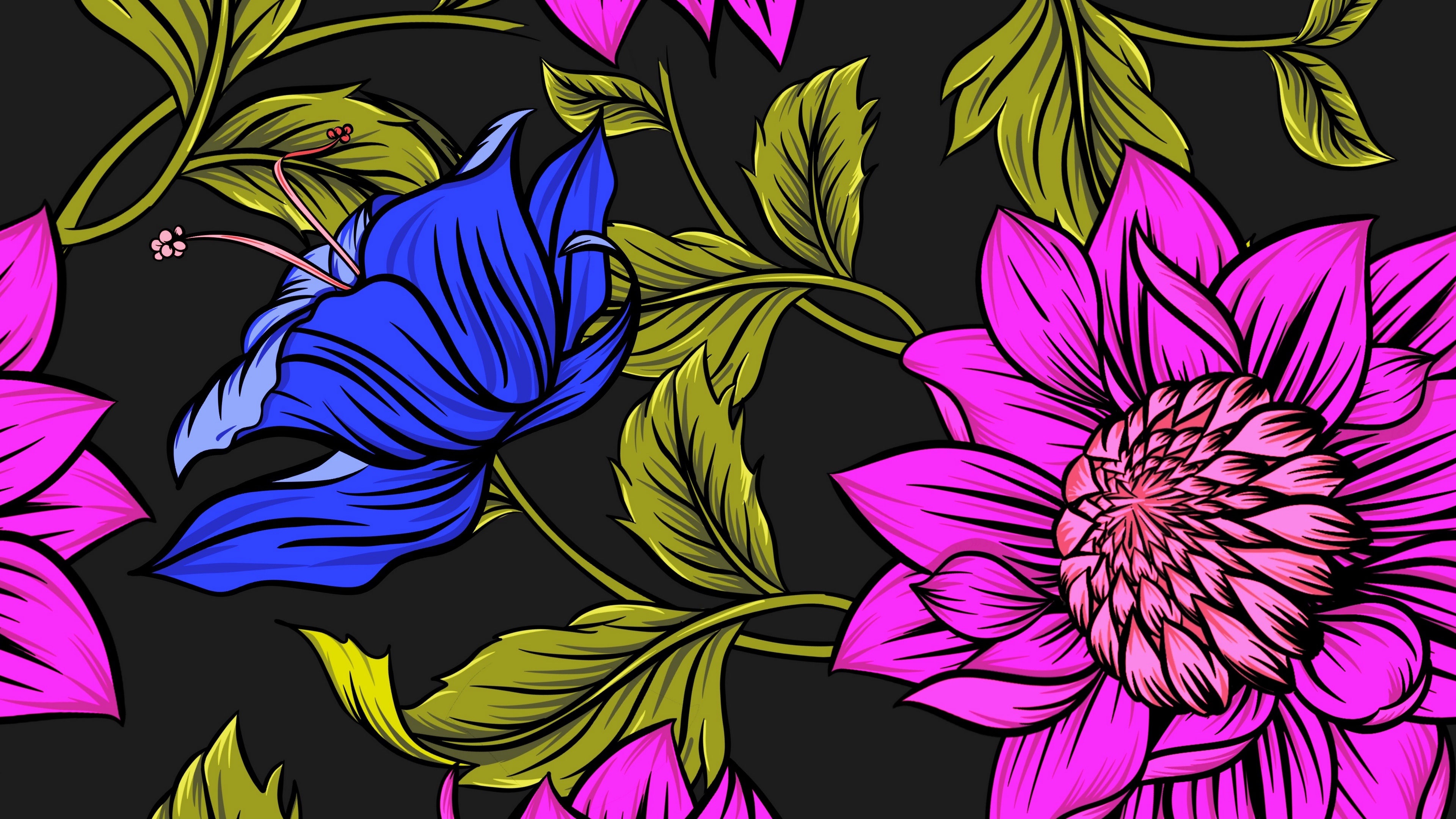 Laden Sie das Blumen, Blume, Zeichnung, Künstlerisch, Pinke Blume, Blaue Blume-Bild kostenlos auf Ihren PC-Desktop herunter