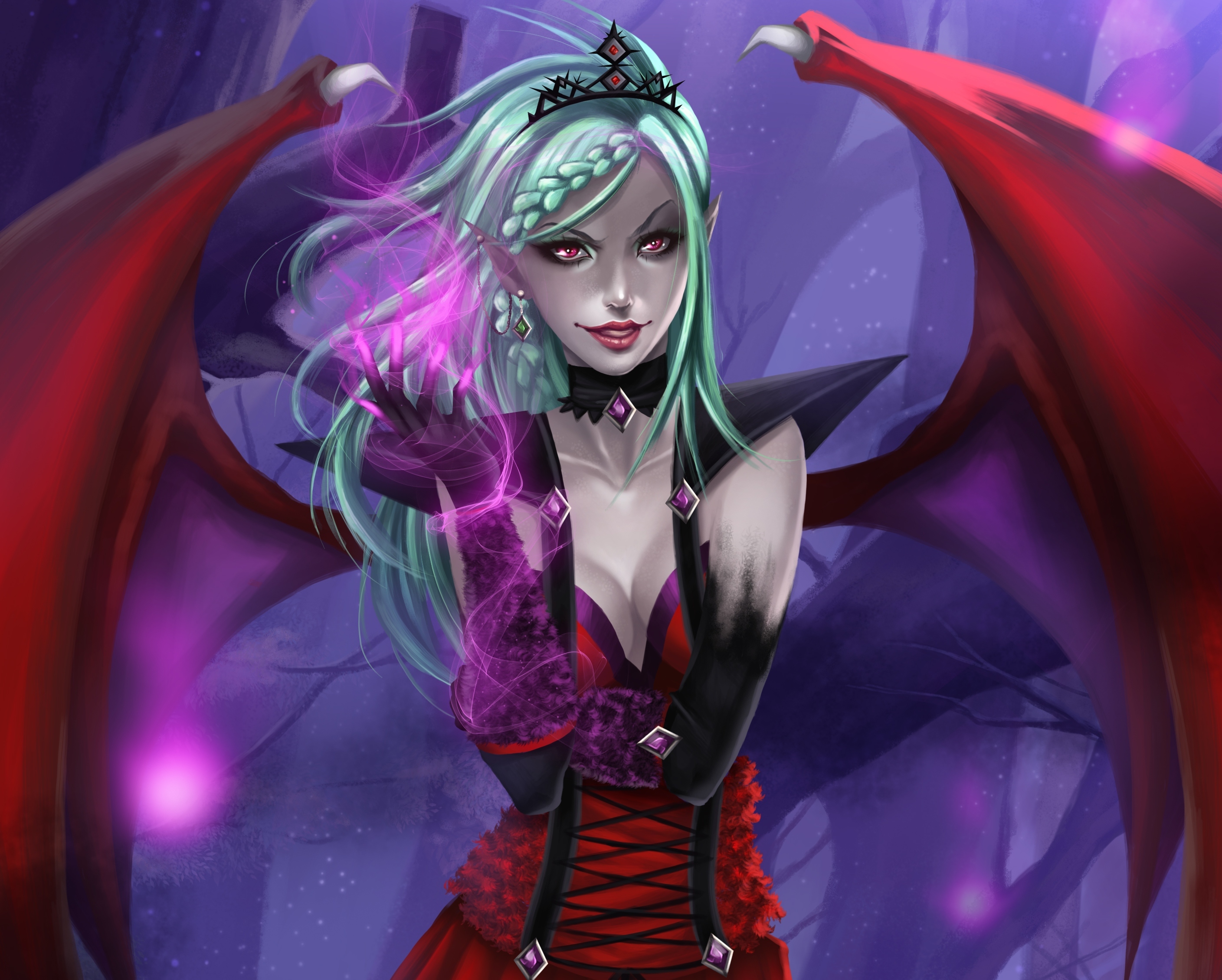 Download mobile wallpaper Magic, Fantasy, Wings, Demon, Blue Hair, Pointed Ears, Pink Eyes for free.