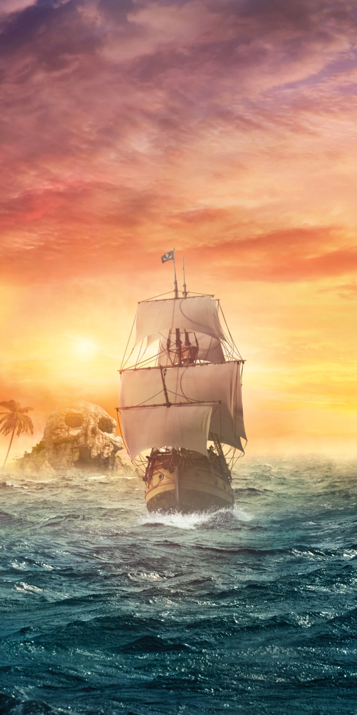 Handy-Wallpaper Fantasie, Ozean, Segelboot, Schiff, Schädel, Skelett, Sonnenuntergang, Piratenschiff kostenlos herunterladen.