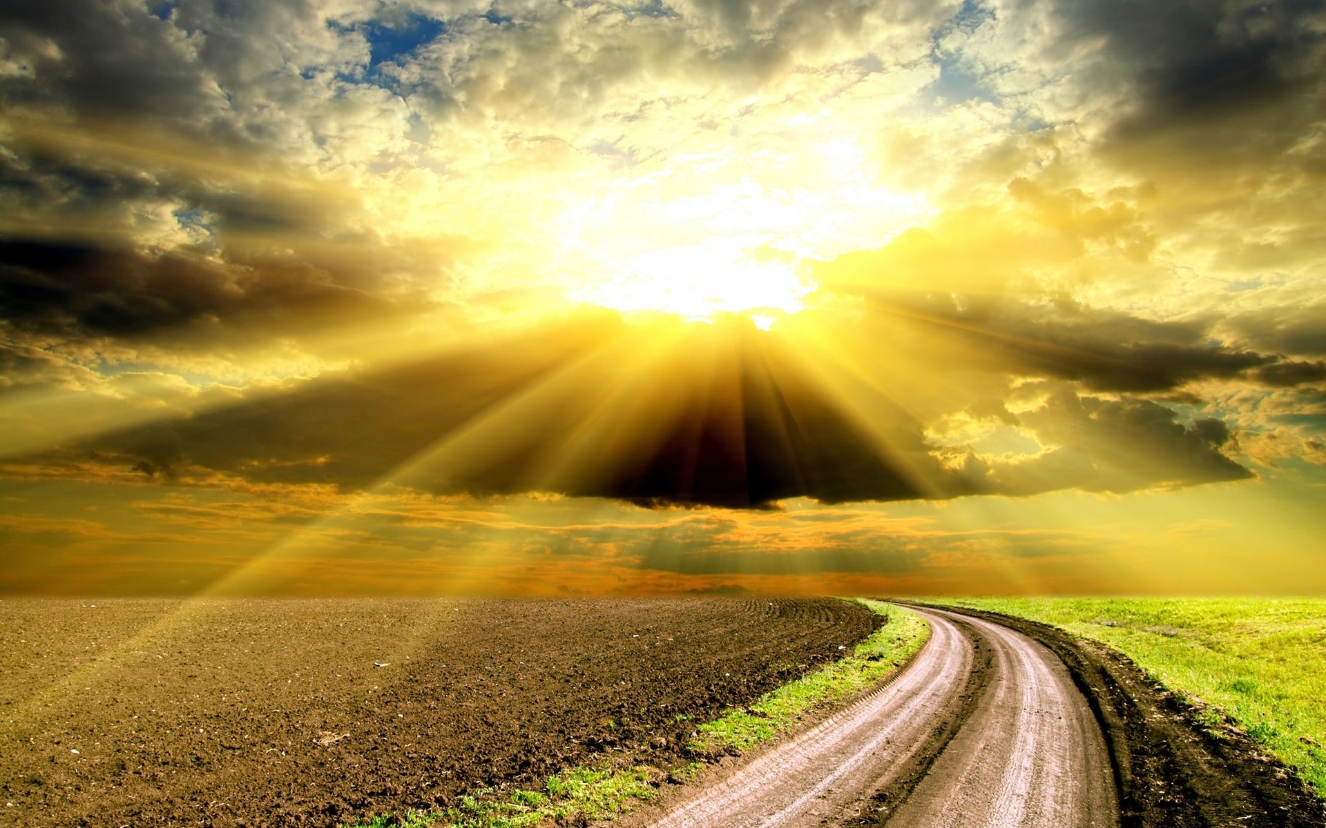 Free download wallpaper Landscape, Sky, Sun, Clouds, Roads, Fields on your PC desktop