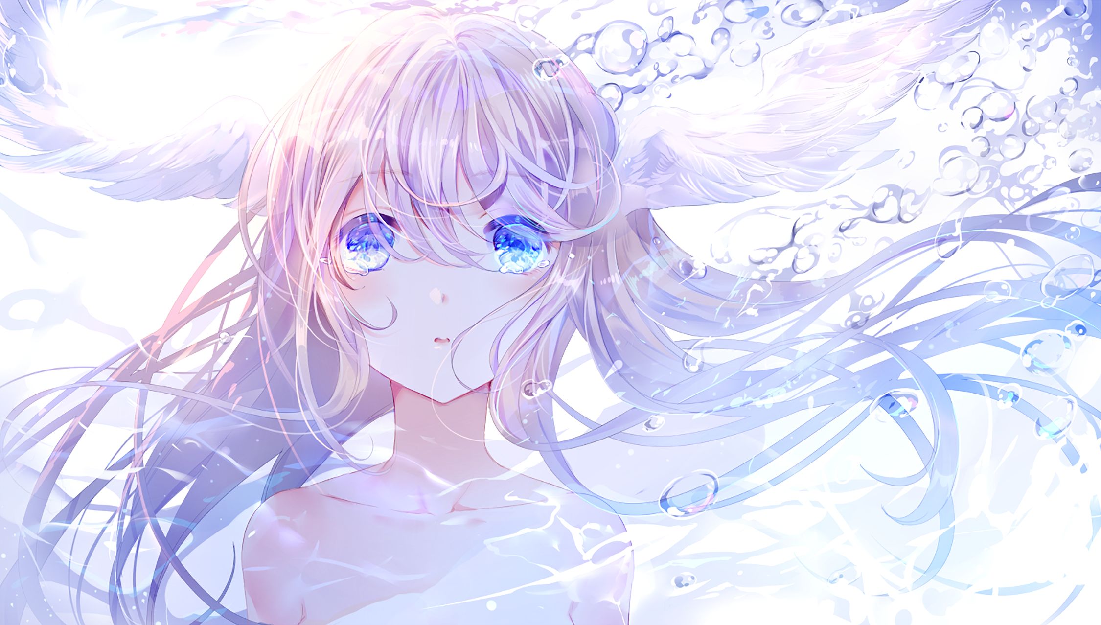 Download mobile wallpaper Anime, Water, Sunlight, Bubble, Blue Eyes, Original, White Hair for free.