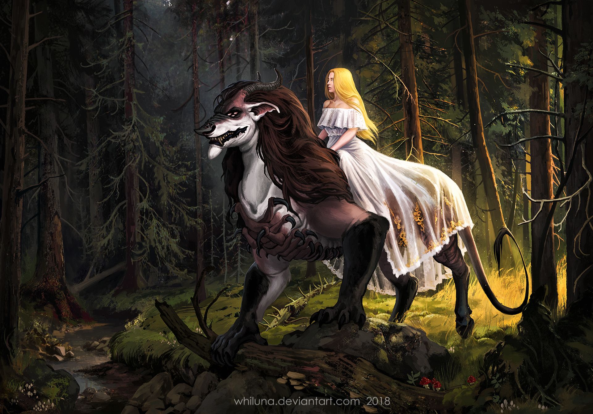 Download mobile wallpaper Fantasy, Forest, Beast, Creature, Blonde, Women, Long Hair, White Dress for free.