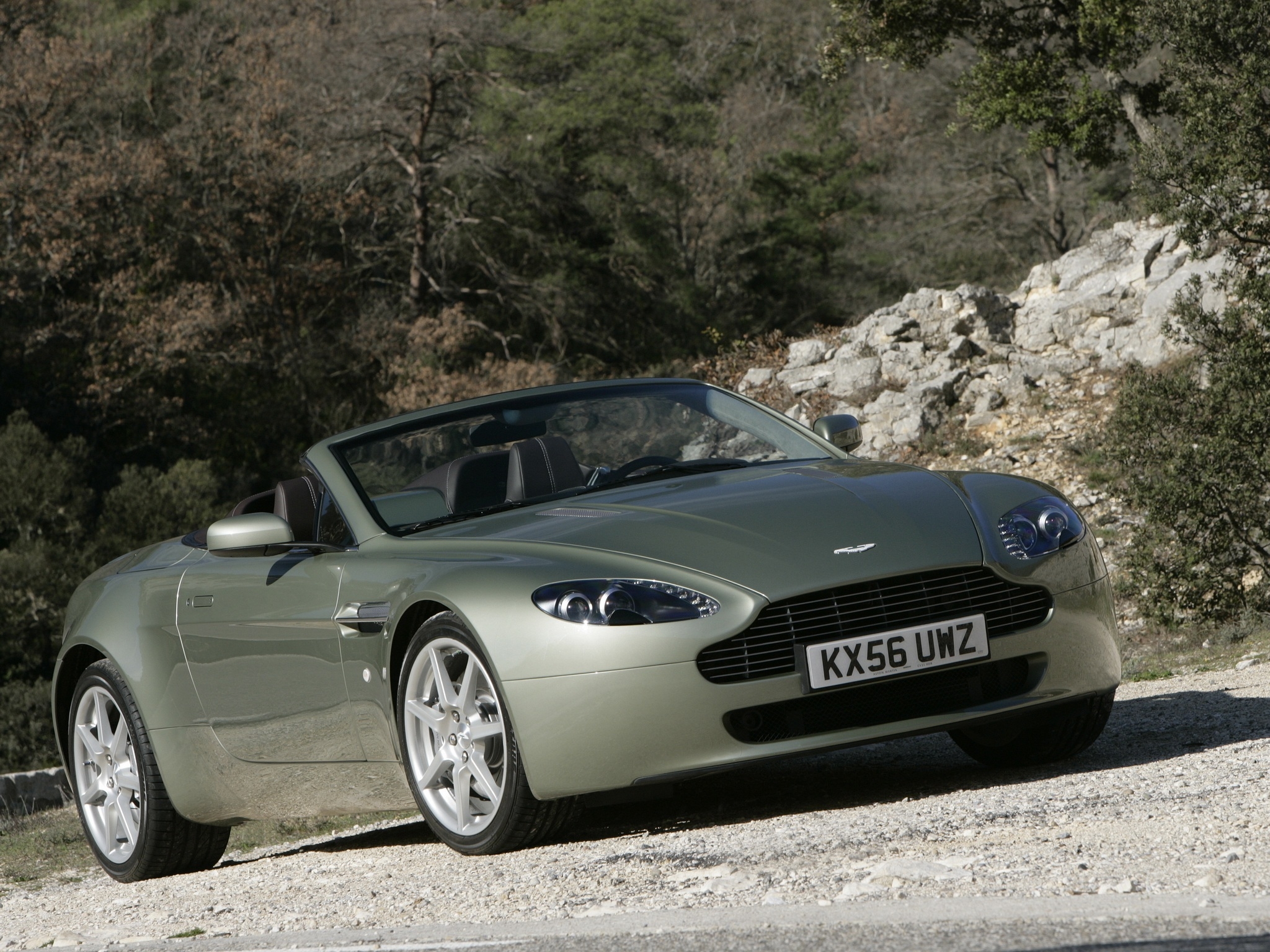 forest, aston martin, cars, side view, style, cabriolet, v8, vantage, 2006, beige HD wallpaper
