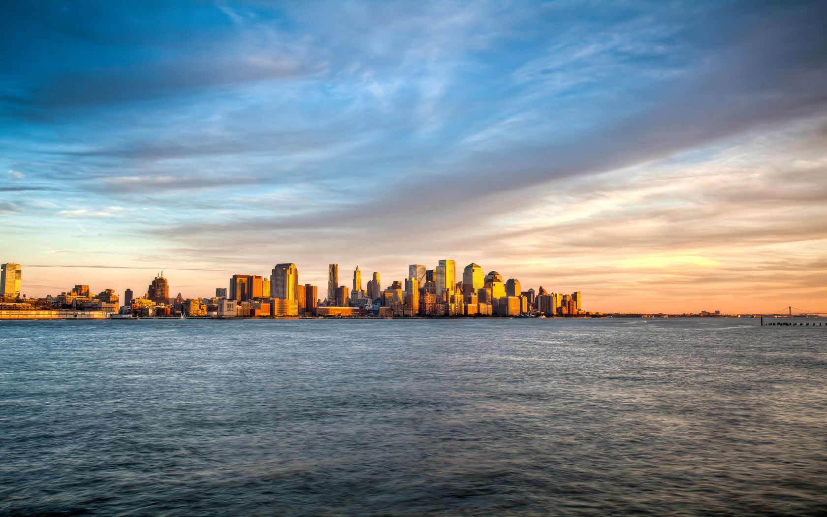 landscape, cities, water, sunset, sky, sea, clouds, waves, overview, review, evening, view, island, new york, manhattan