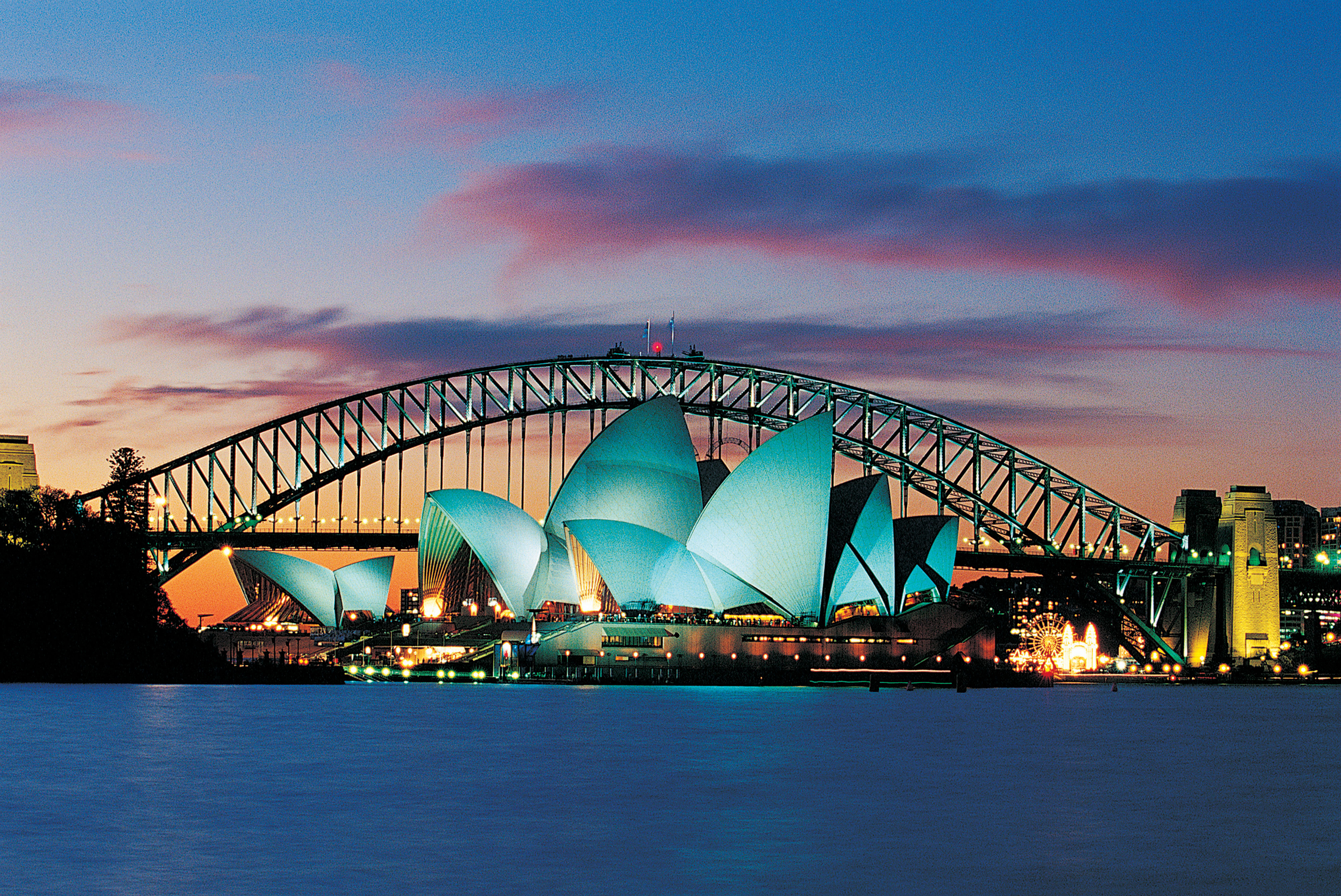 Завантажити шпалери безкоштовно Ніч, Сідней, Австралія, Сіднейський Оперний Театр, Створено Людиною, Сіднейський Міст Харбор картинка на робочий стіл ПК