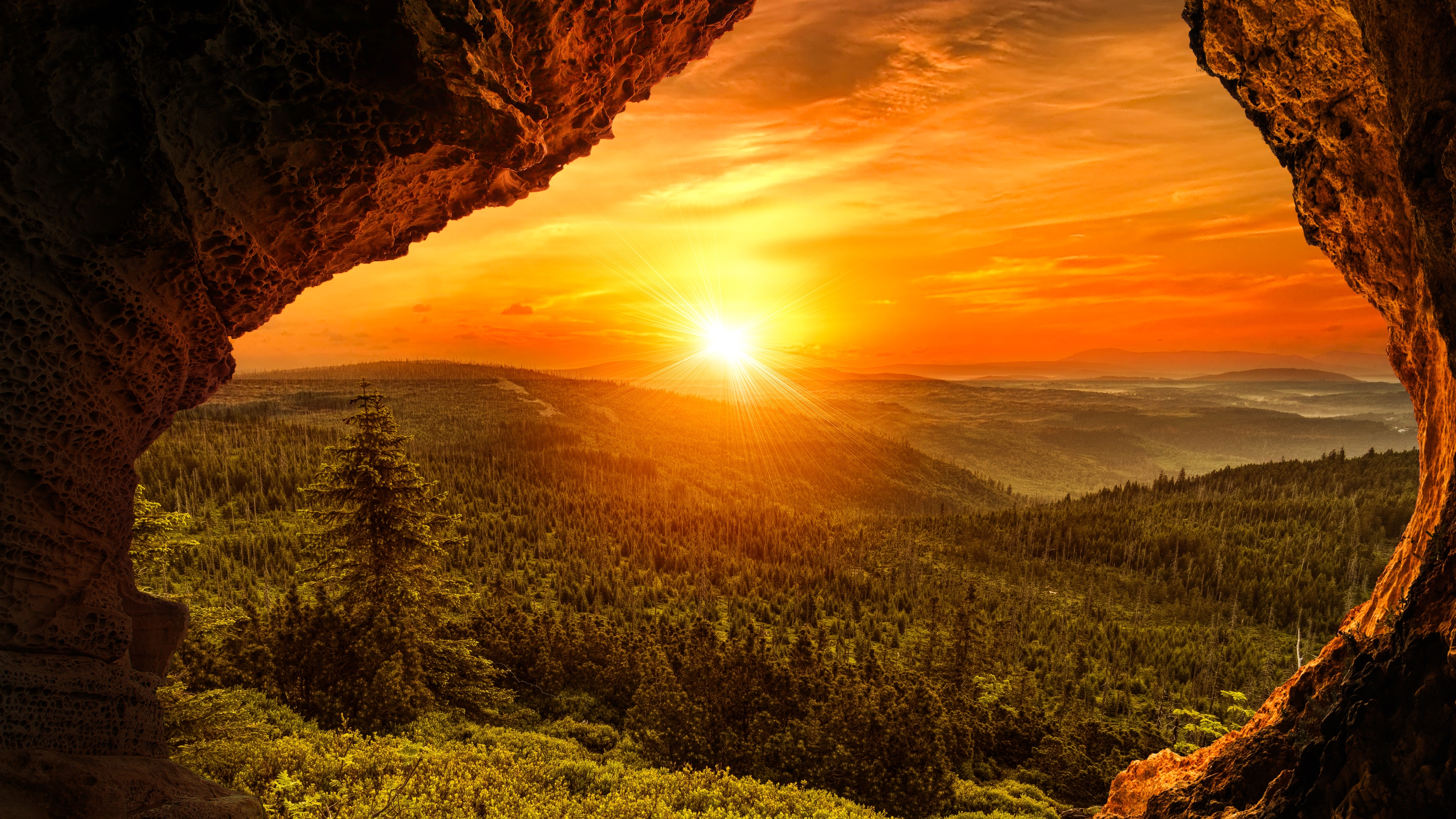 Free download wallpaper Landscape, Sunset, Caves, Forest, Earth, Cave, Sunbeam on your PC desktop
