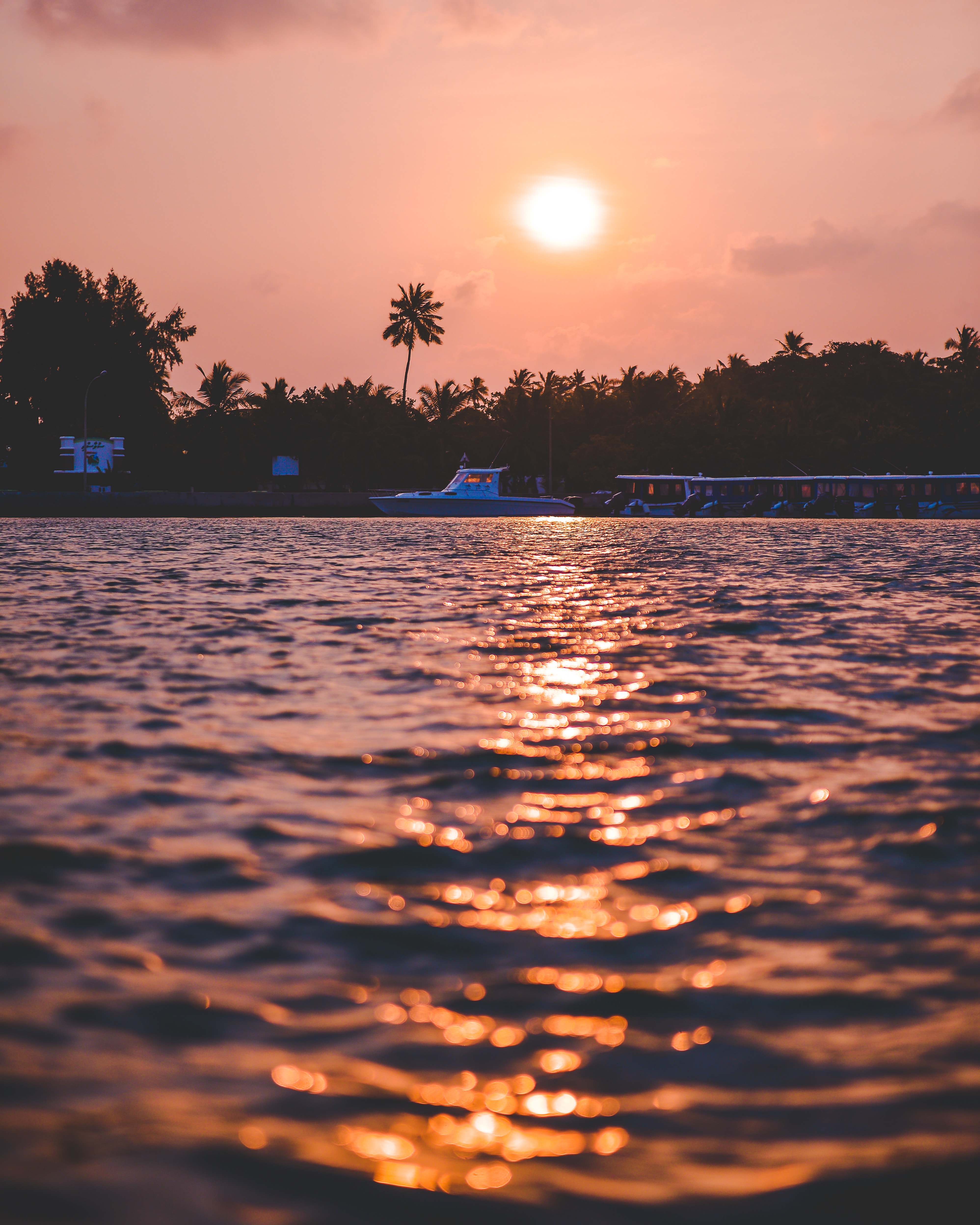 Download mobile wallpaper Waves, Water, Sunset, Nature, Palms, Boat for free.
