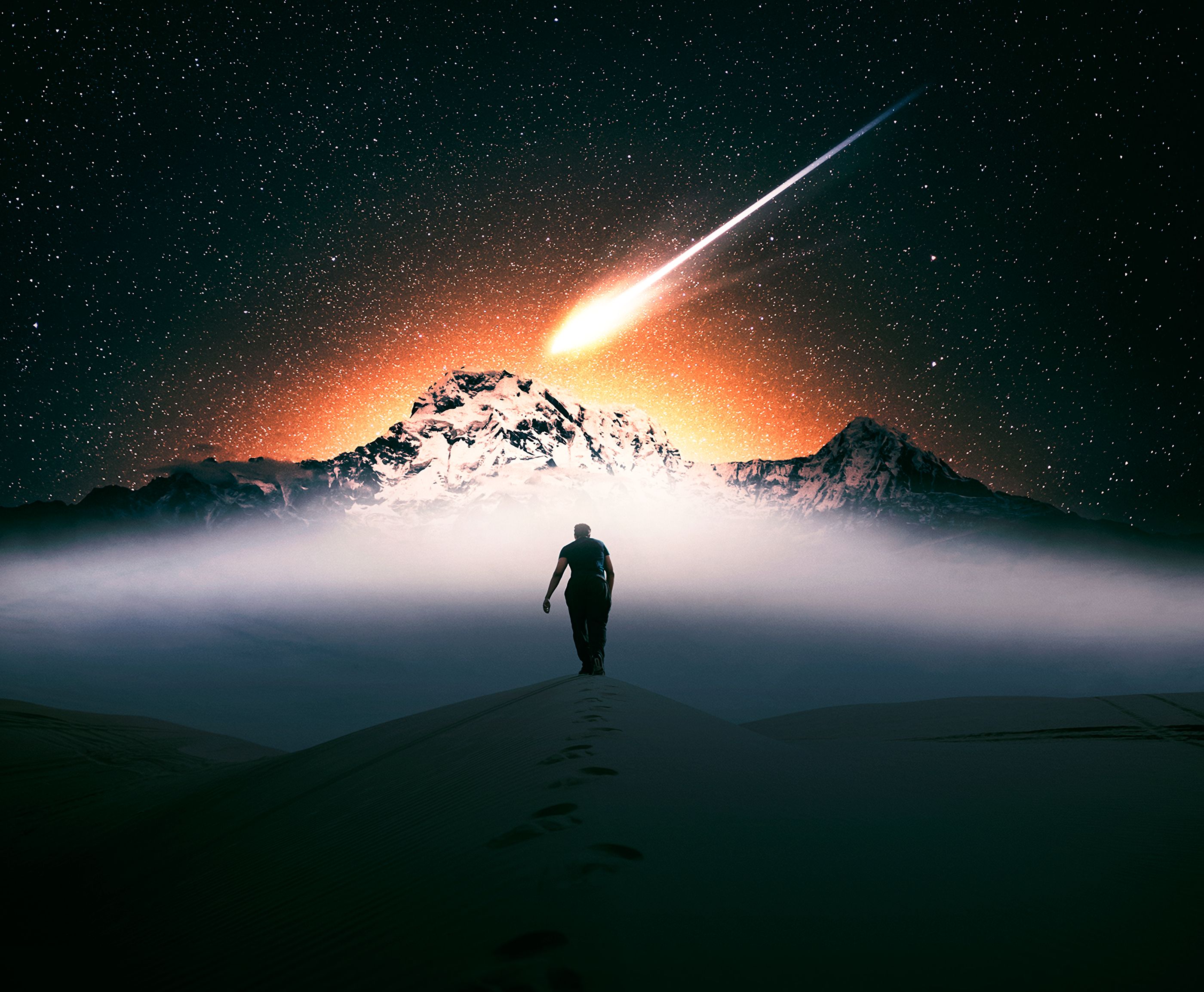 Download mobile wallpaper Miscellaneous, Meteor, Miscellanea, Person, Mountains, Desert, Human, Loneliness for free.